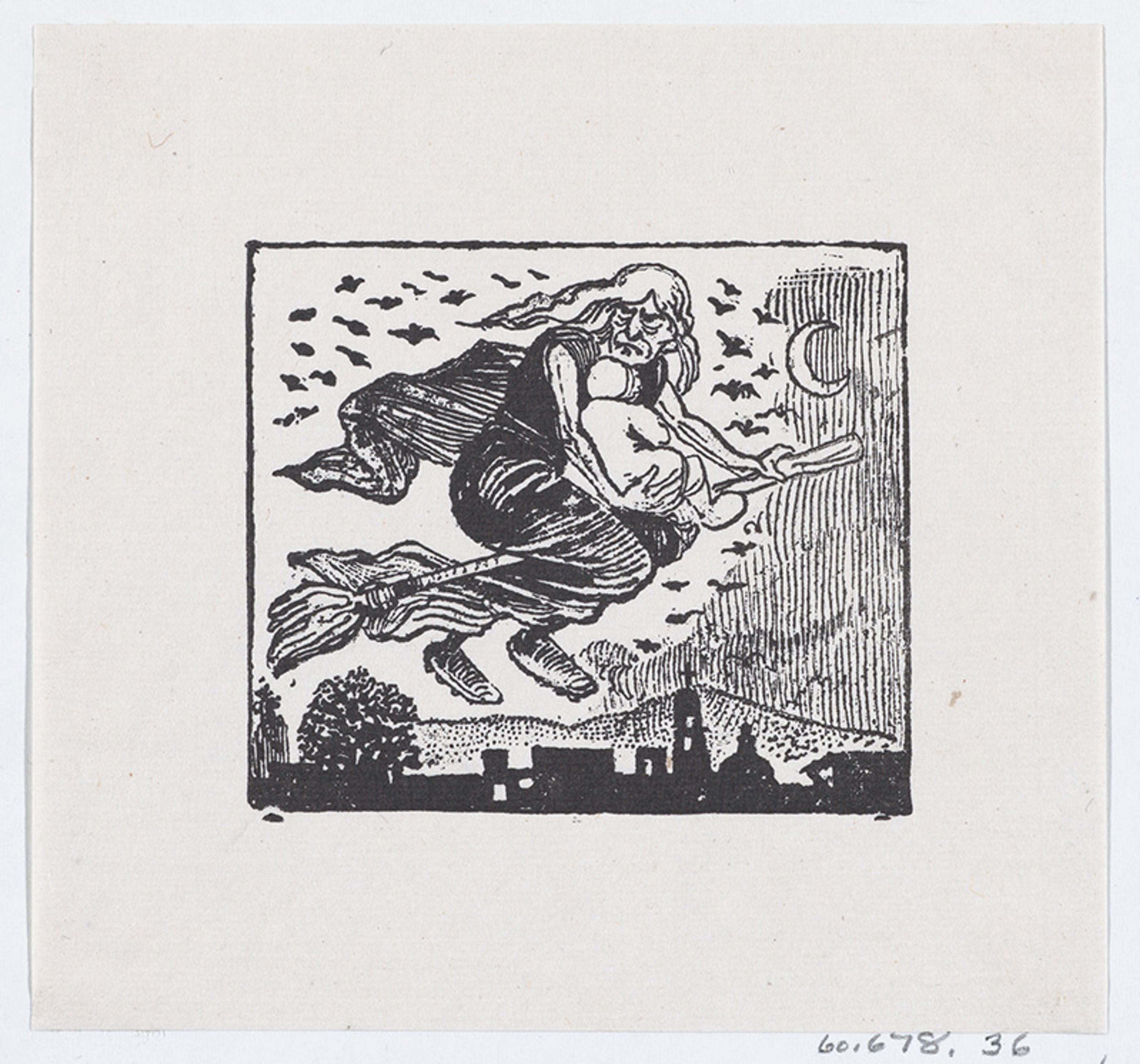 Black and white illustration of a witch flying on a broomstick at night with bats and a crescent moon in the background.