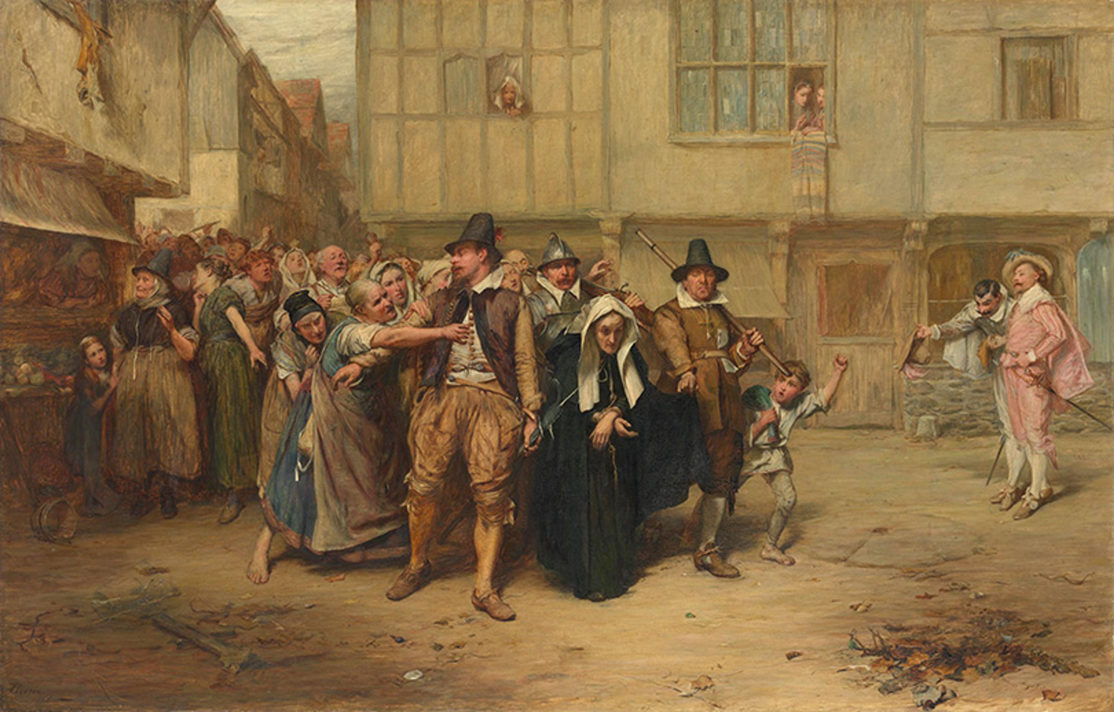 Painting of a historical street scene with a crowd, including a family escorted by guards and onlookers in period clothing.