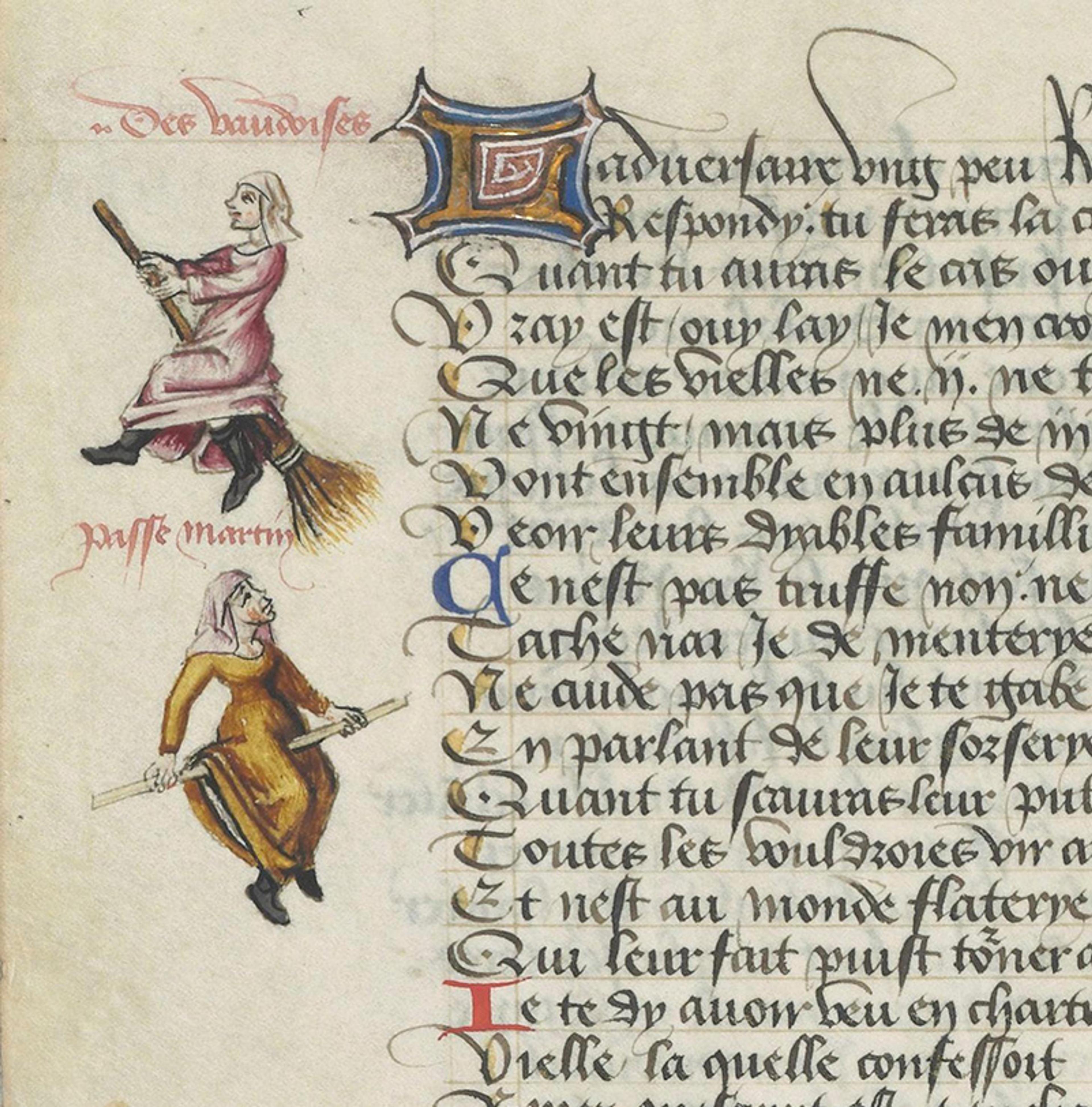 Medieval manuscript with illustrations of two women on broomsticks alongside ornate text in Latin script.