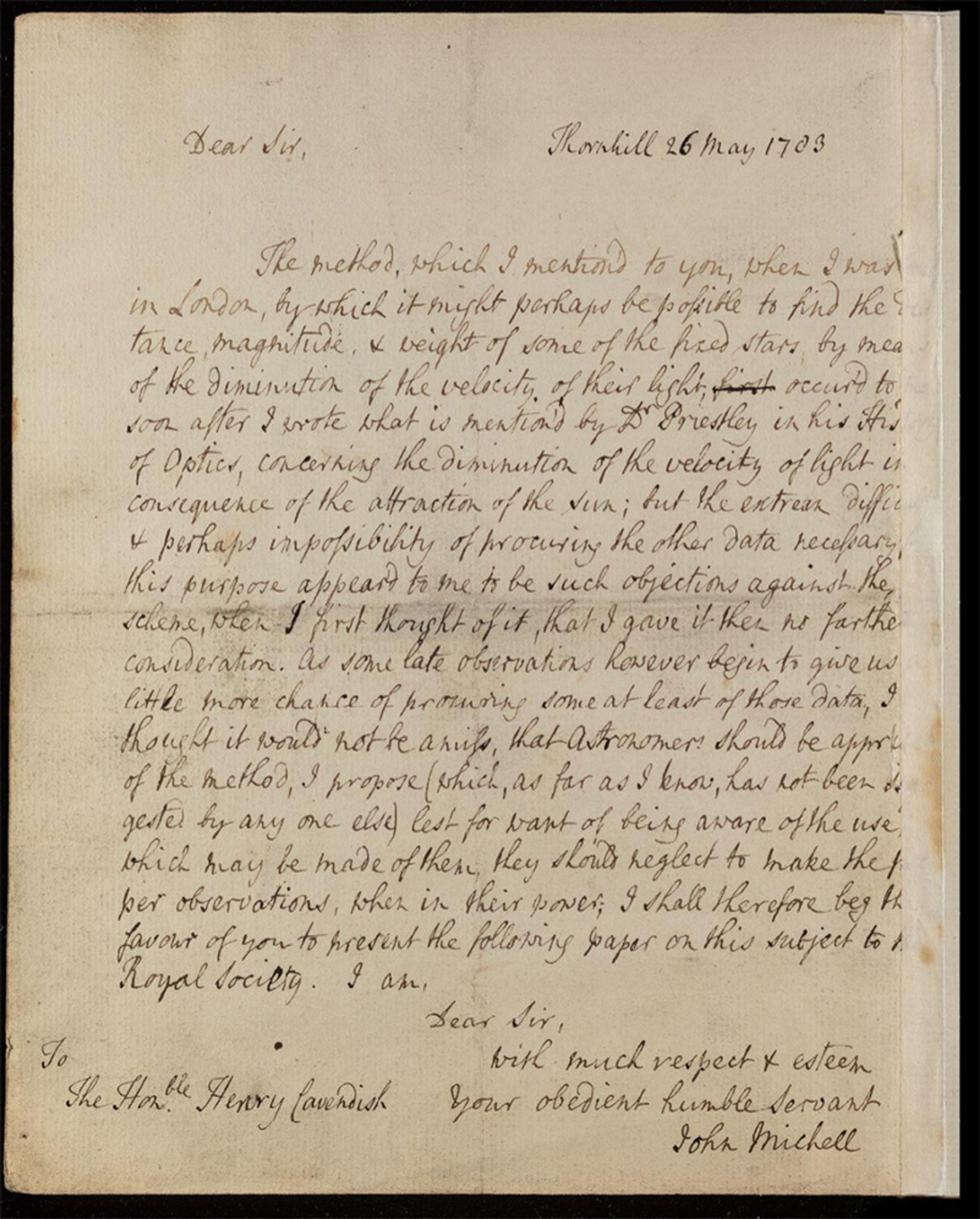 Handwritten letter dated 26 May 1783 addressed to Henry Cavendish by John Michell, discussing astronomical methods.