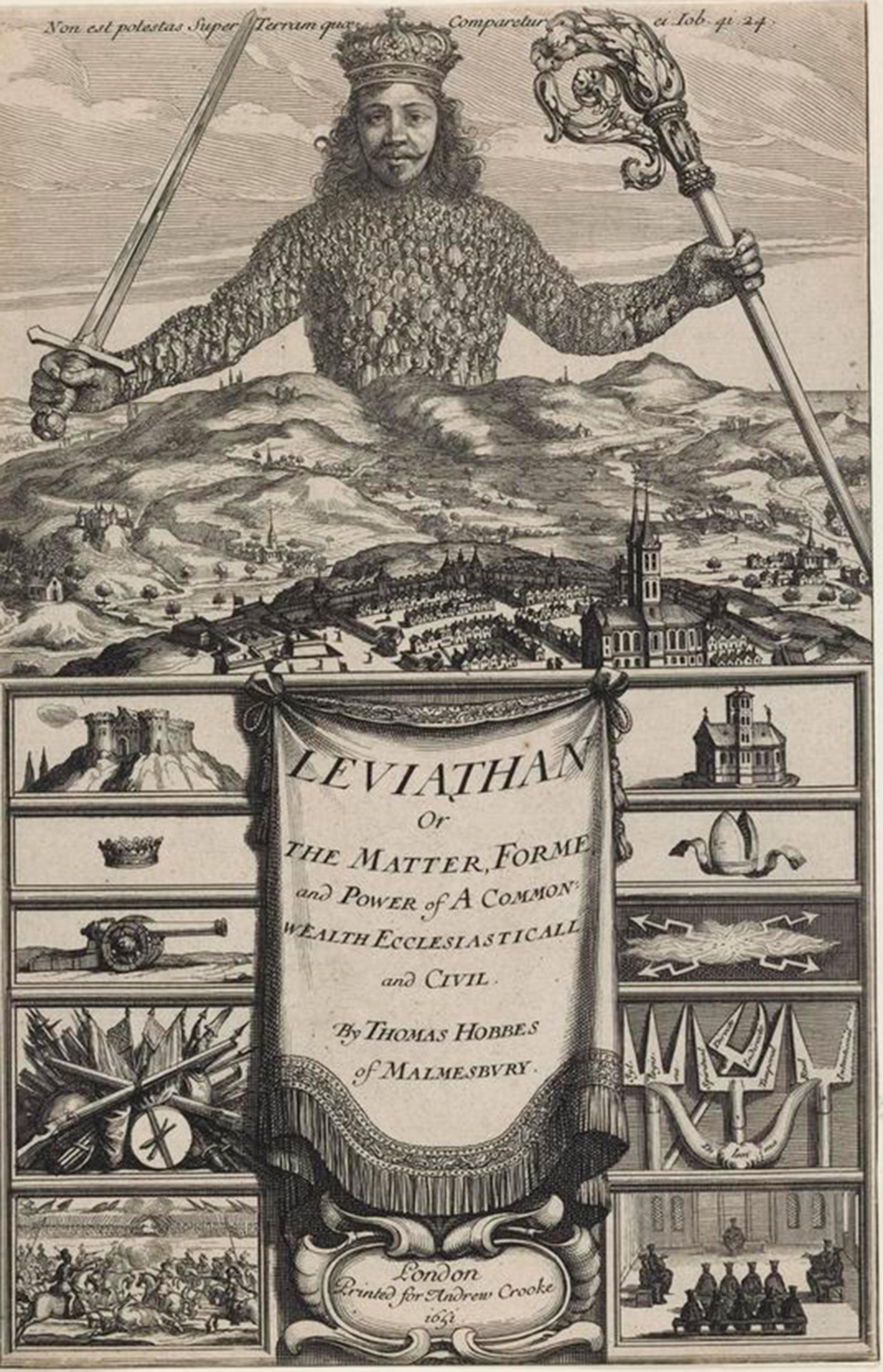 Engraving of Hobbes’s Leviathan: a giant crowned figure holding a sword and sceptre over a landscape with symbolic illustrations, the figure’s torso and arms are made up of a collection of people