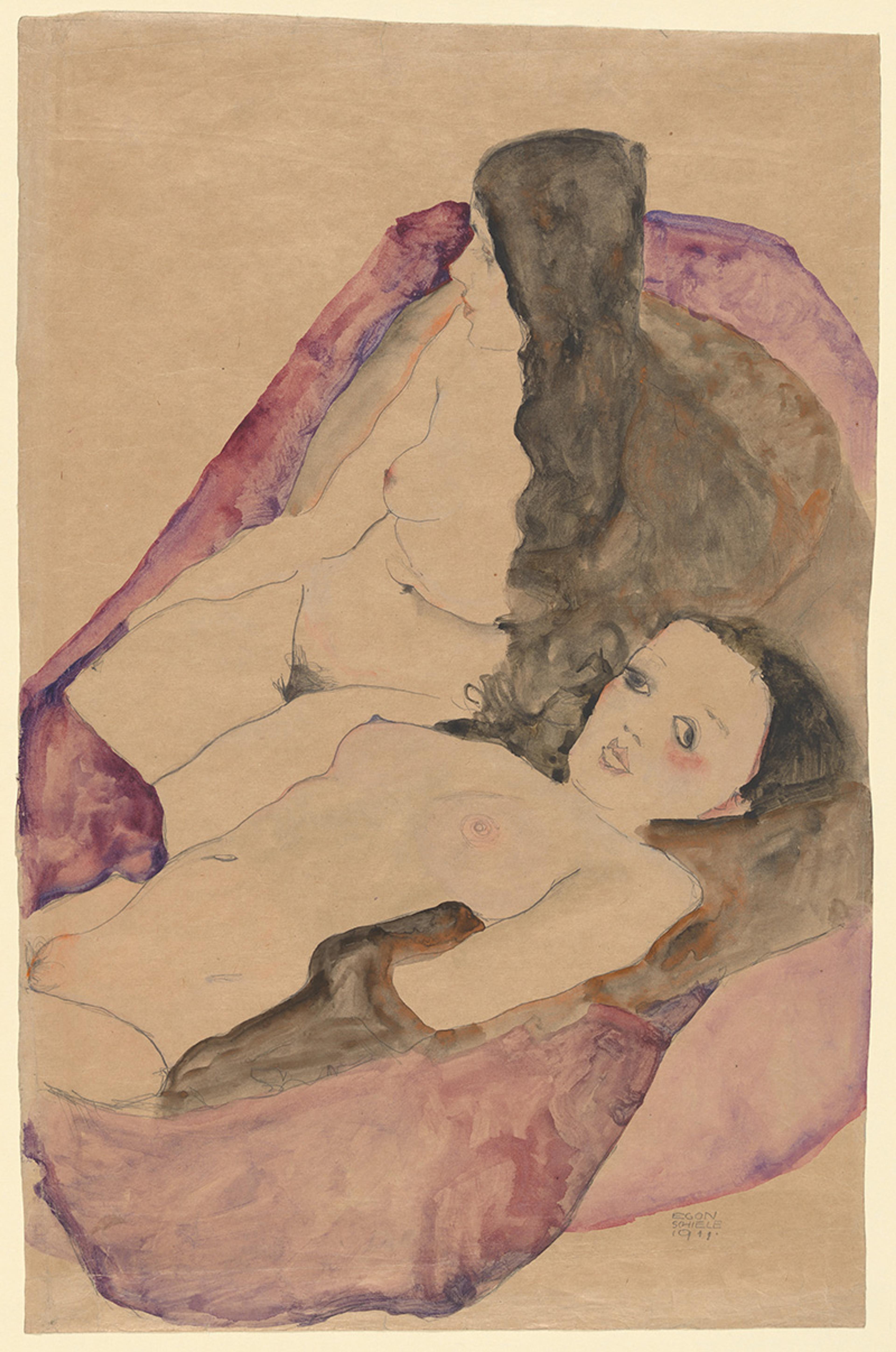 Watercolour painting of two reclining nude figures with dark hair on a soft, abstract background.