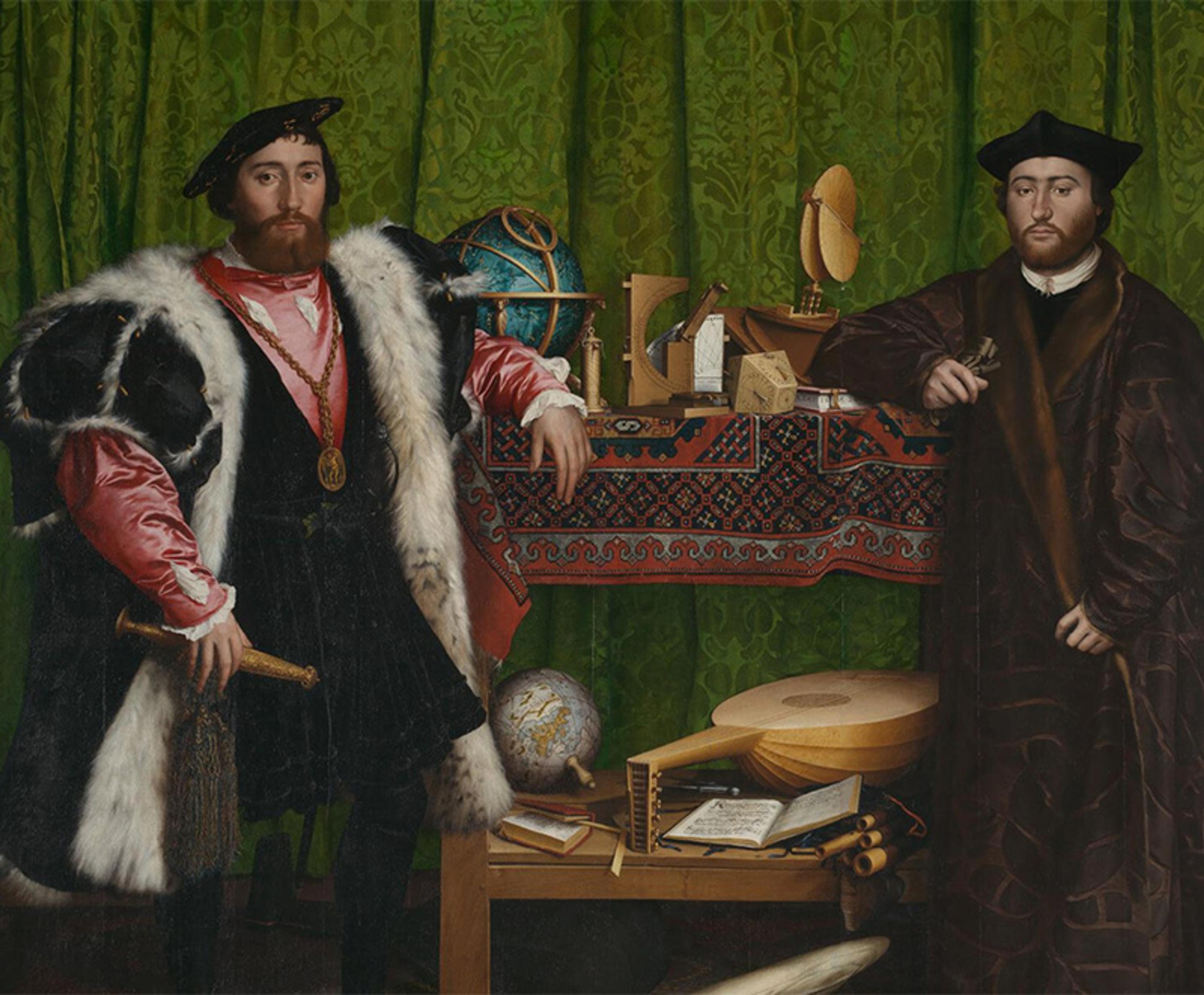 A painting of two men in 16th-century attire with scientific instruments and a globe on a table, green curtain background.