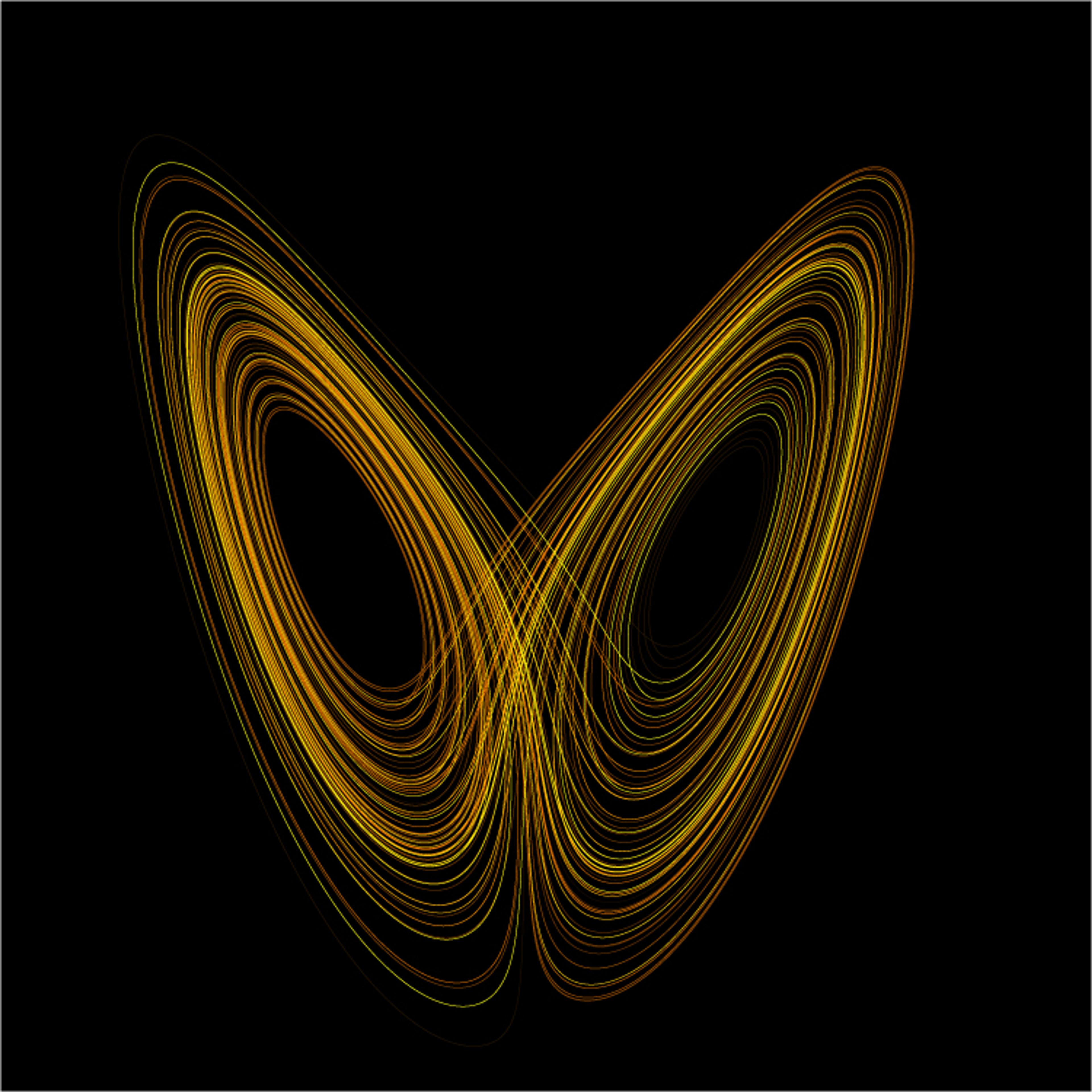 Digital artwork of a yellow Lorenz attractor on a black background resembling butterfly wings.