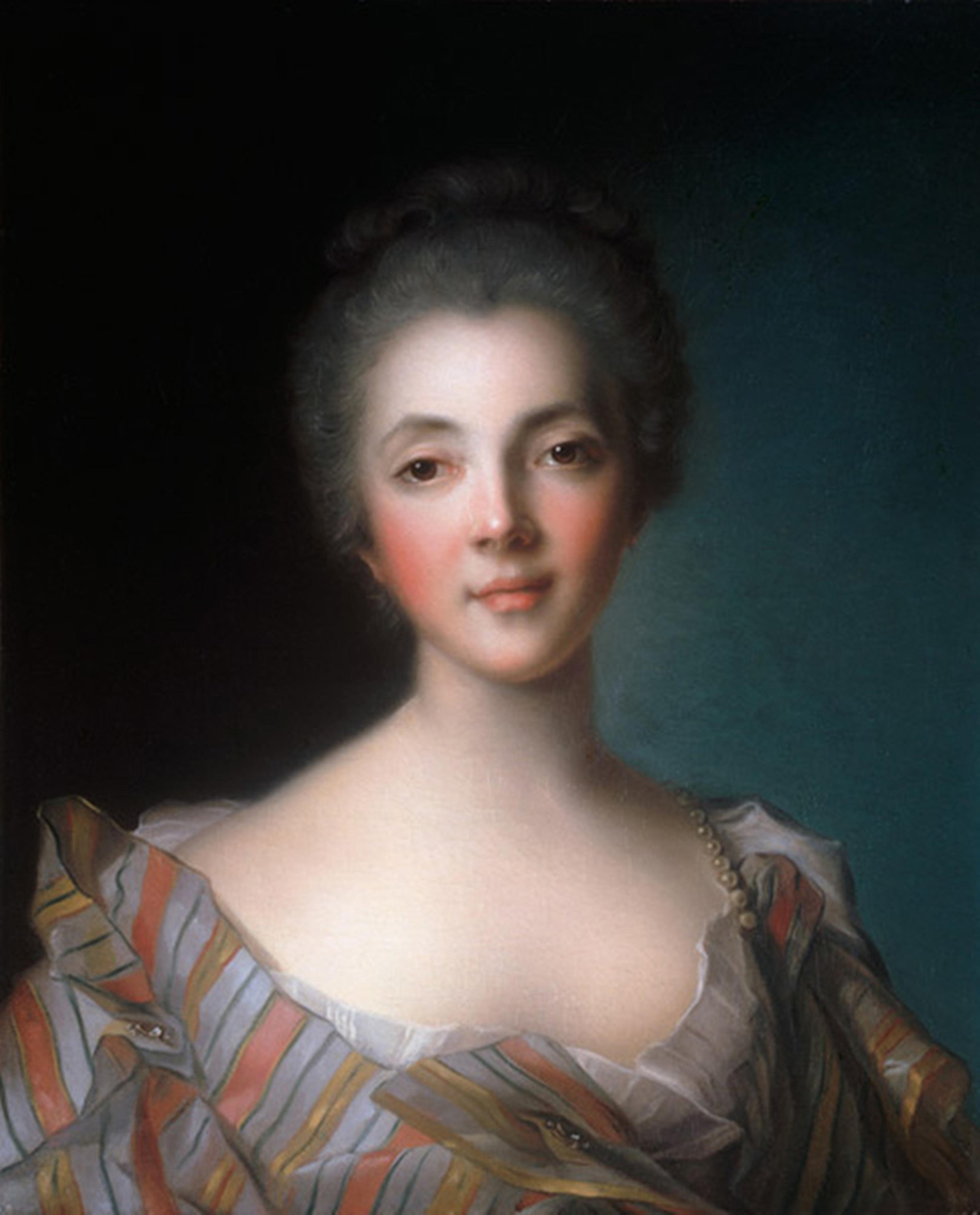Portrait painting of a woman in 18th-century attire against a dark background, featuring a soft expression.