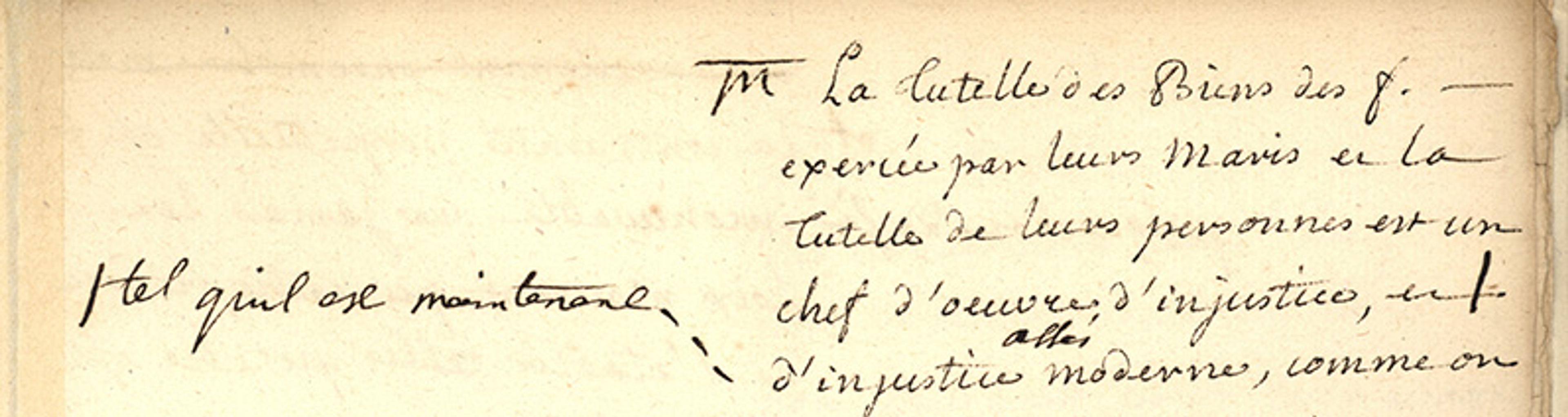 A handwritten note in French on aged paper, discussing marital rights and injustices.