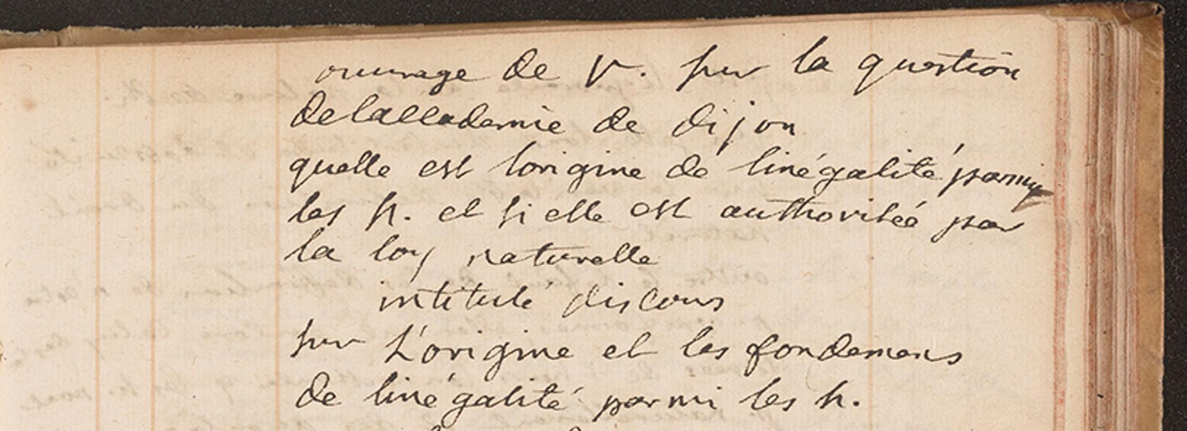 Close-up photo of handwritten French text on lined paper from an old manuscript or journal.