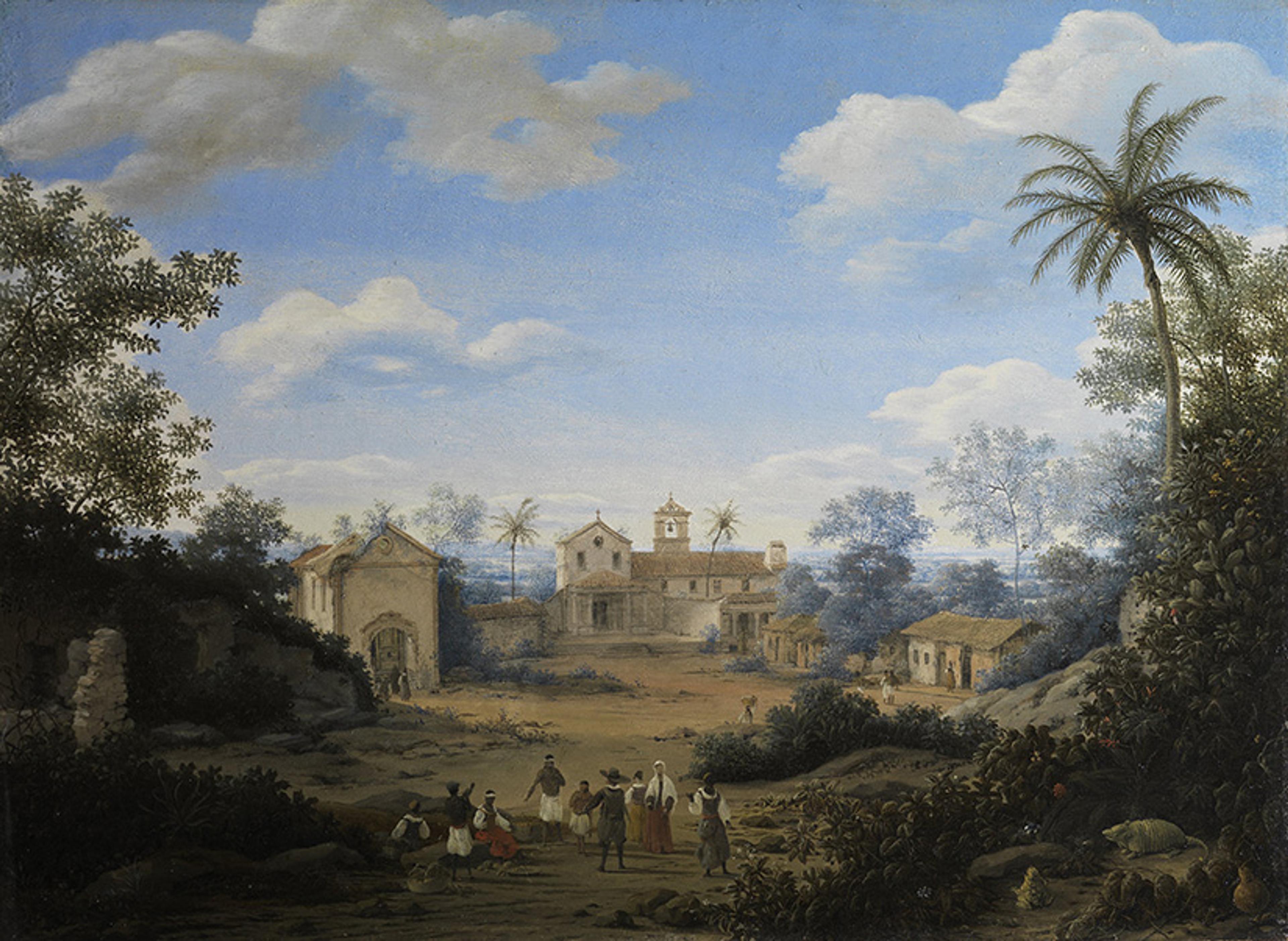 Painting of a colonial village with people, palm trees and an open sky; features a church and surrounding buildings.