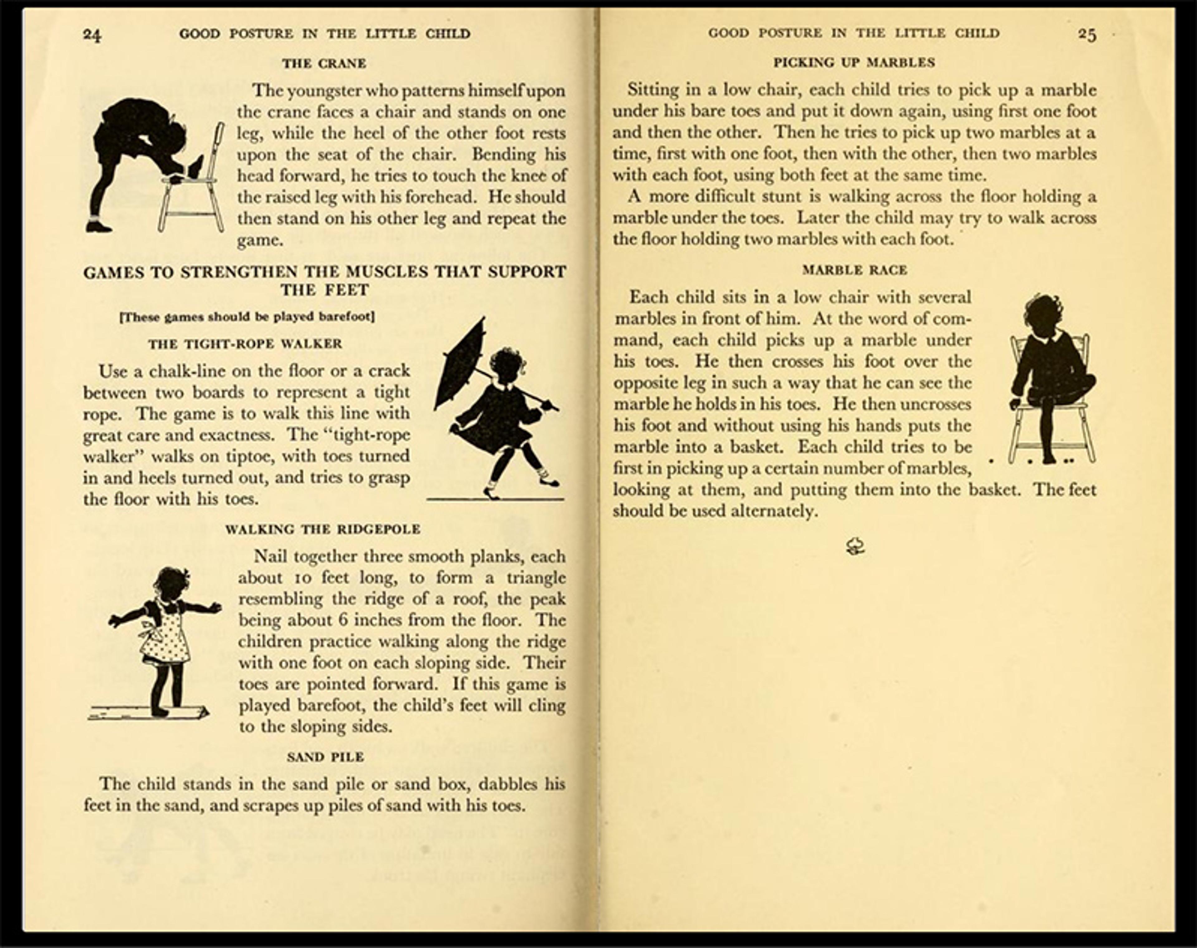 A vintage book page featuring illustrations and text on child posture exercises.