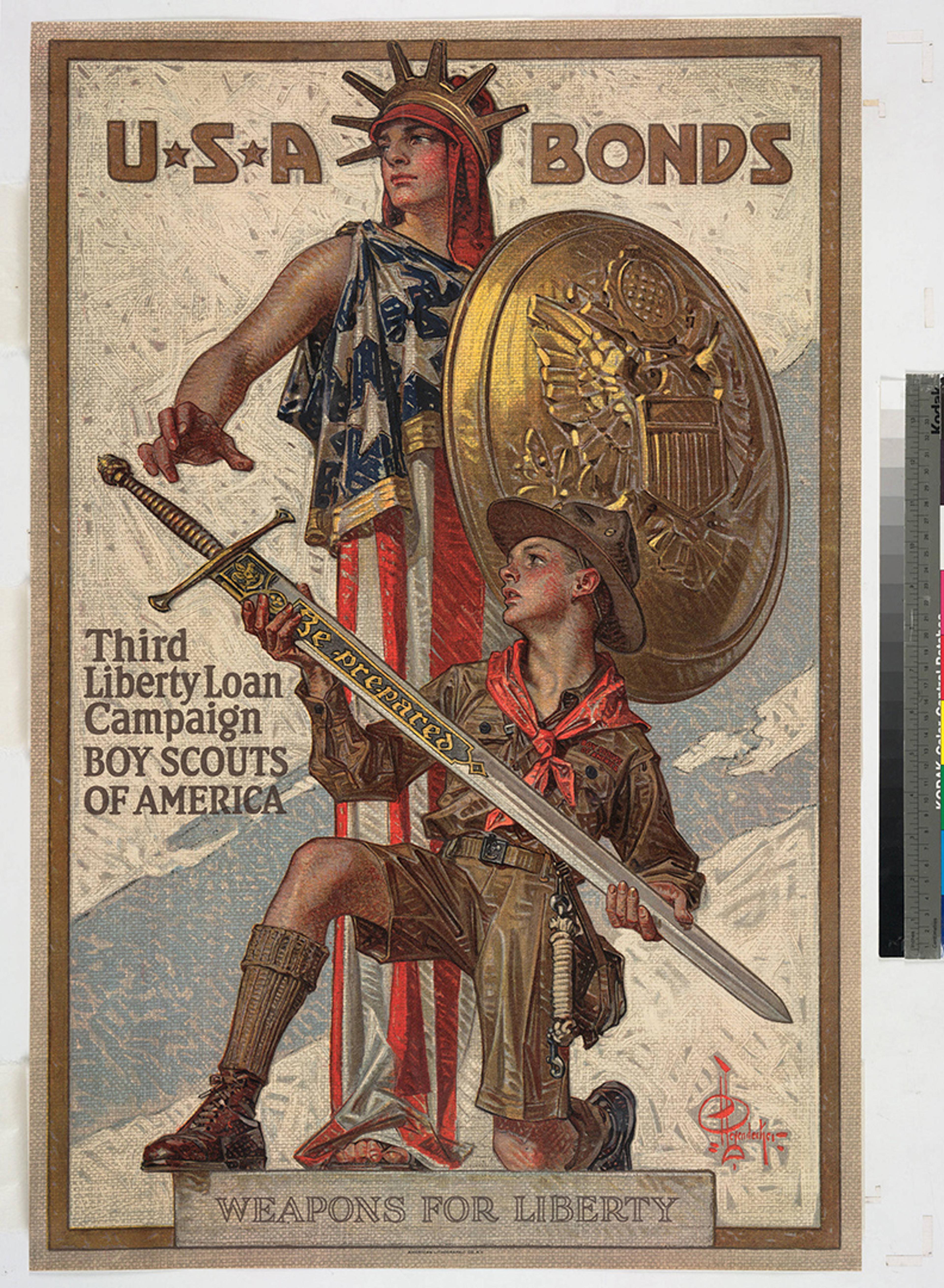 Vintage poster with a scout holding a sword next to a figure with a shield wearing the US flag. Text promotes US bonds and liberty.