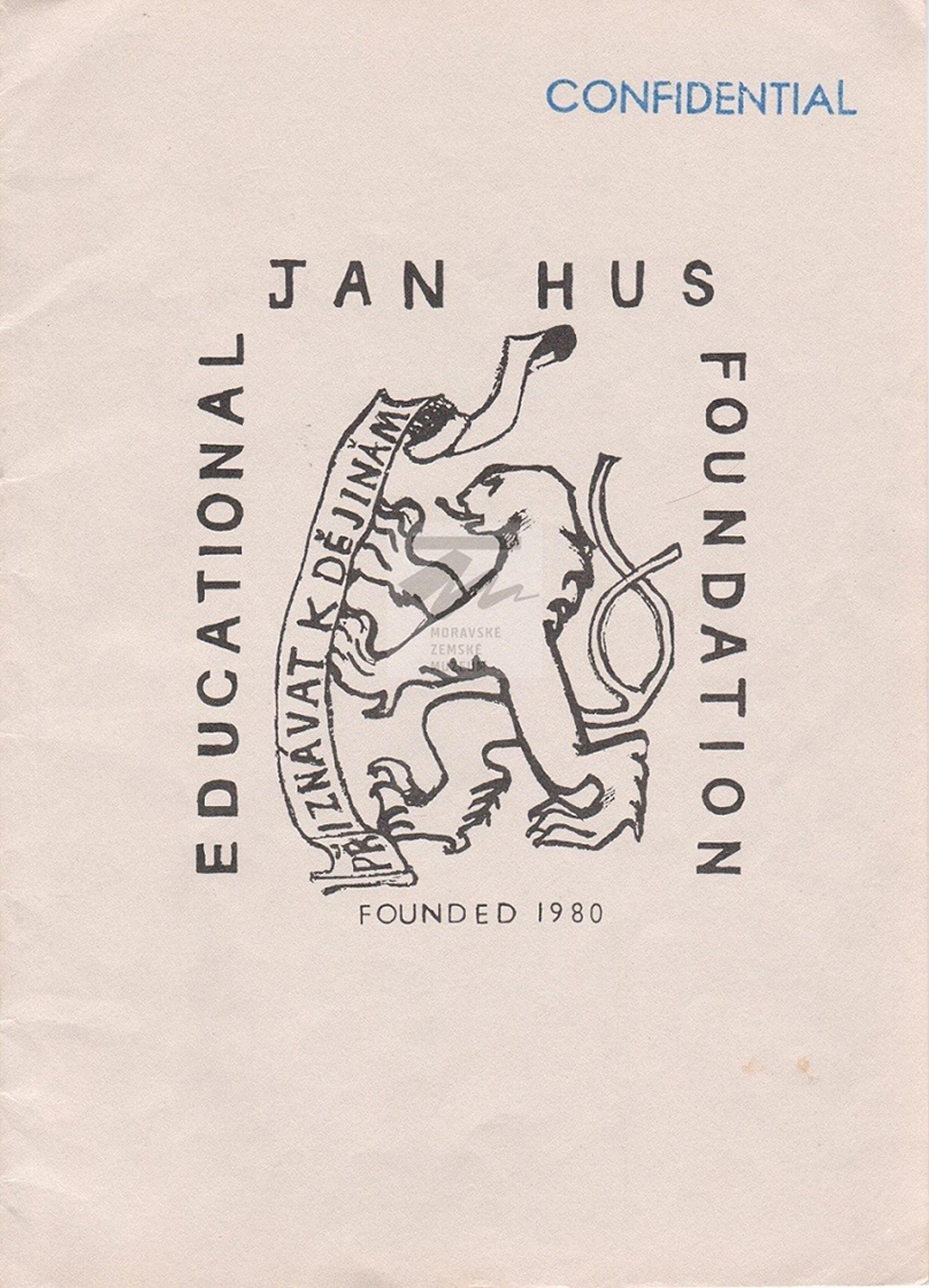 Image of a lion emblem with text “Educational Jan Hus Foundation Founded 1980 Confidential” on a document cover.