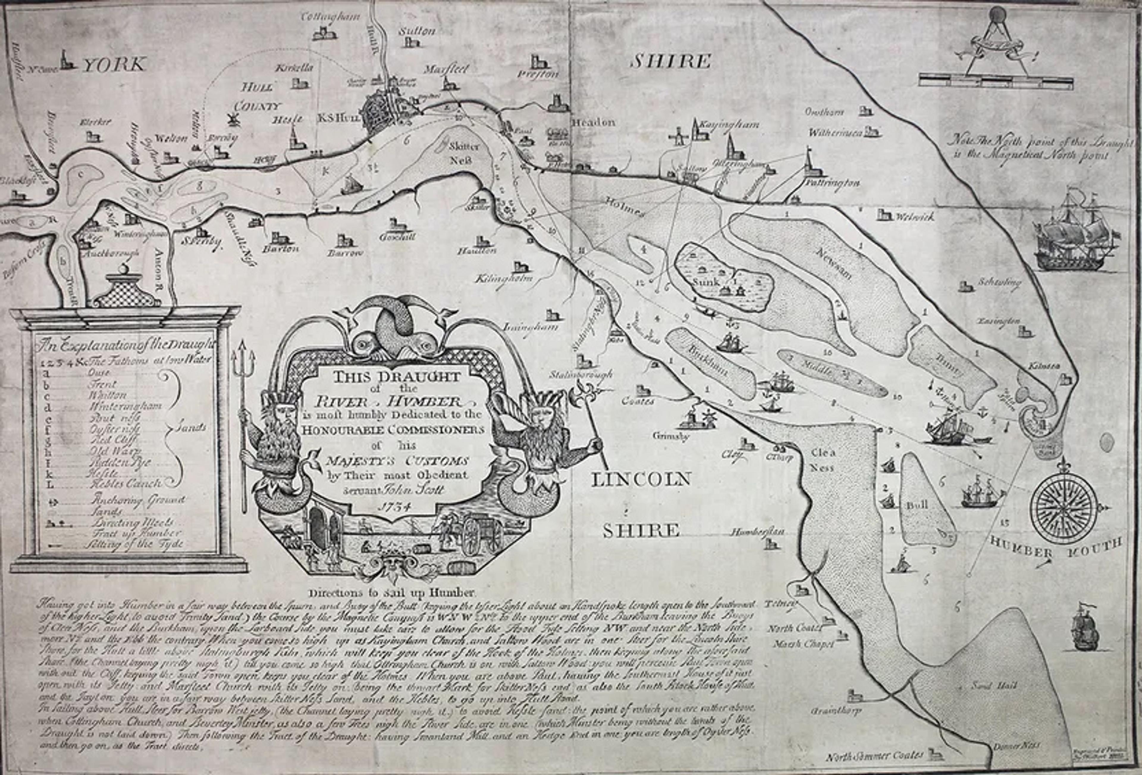 Antique map of the River Humber showing towns, ships, a compass rose and a cartouche with ornate details from 1734.