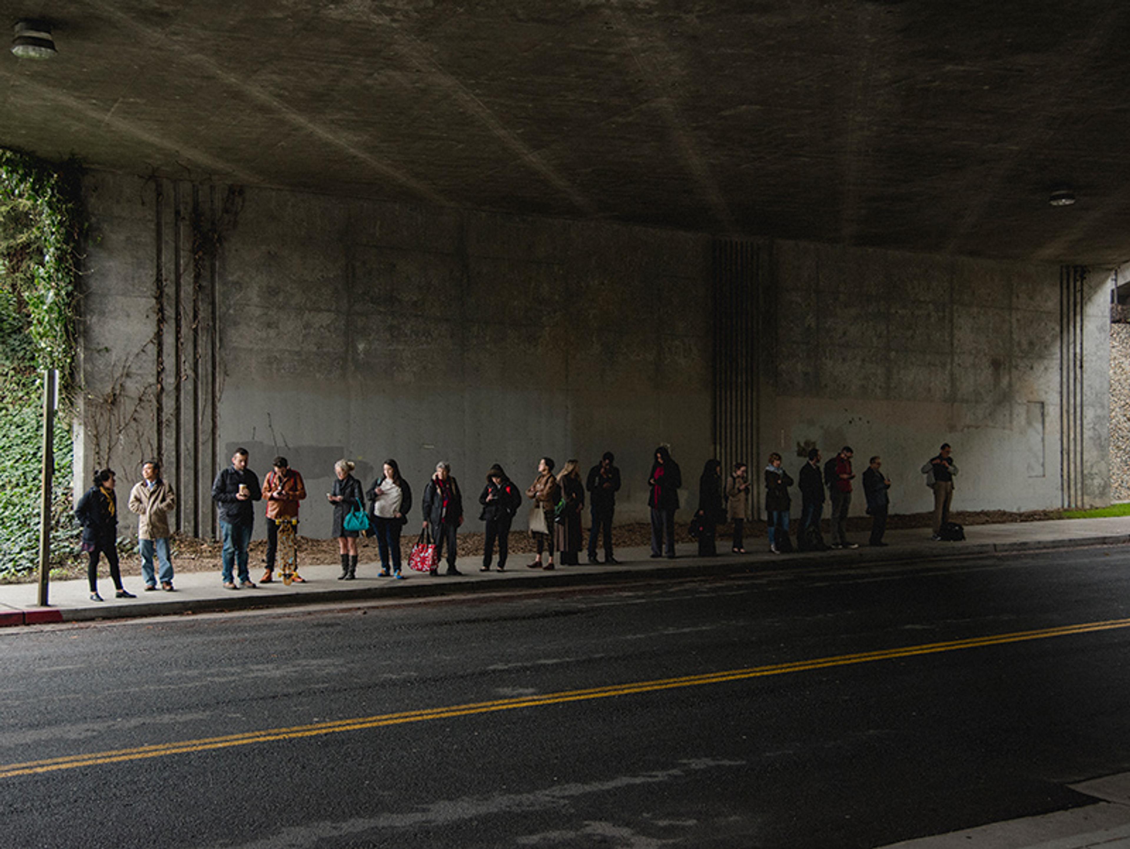 People queuing under a concrete bridge with ivy on the wall.