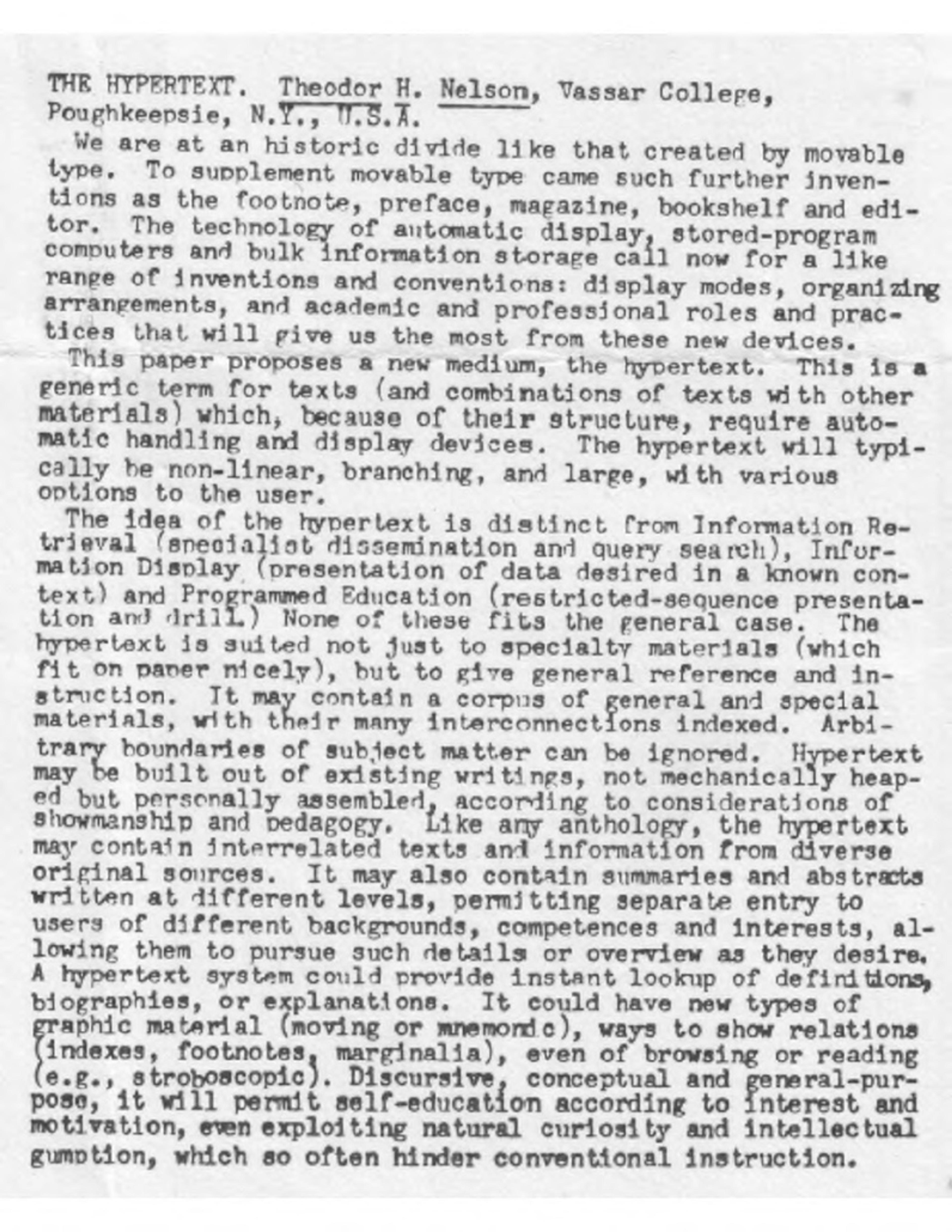 Scan of a typewritten document titled “The Hypertext” by Theodor H. Nelson.