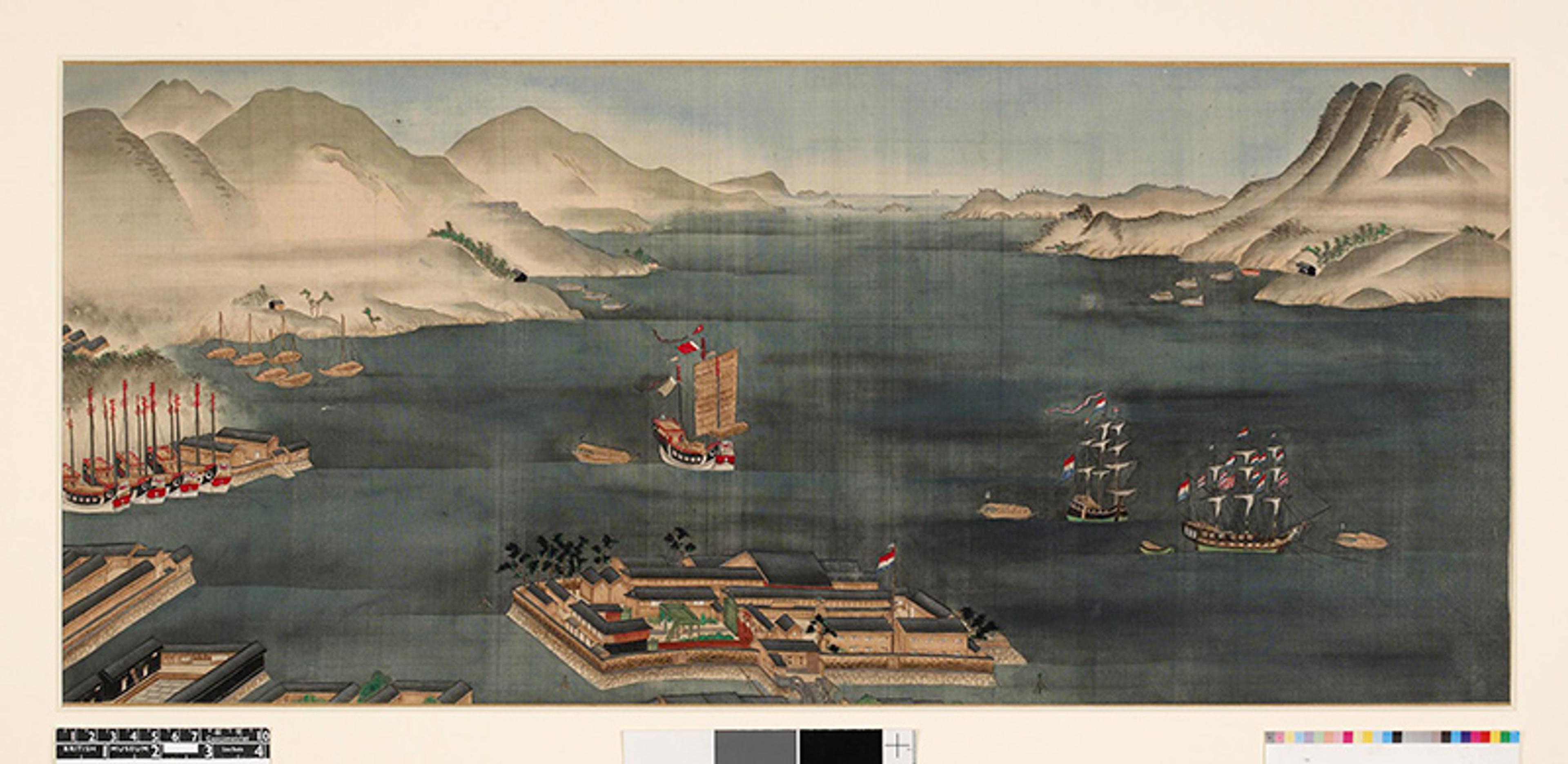 Painting of a coastal landscape with sailing ships on a calm sea surrounded by mountains and fortifications.