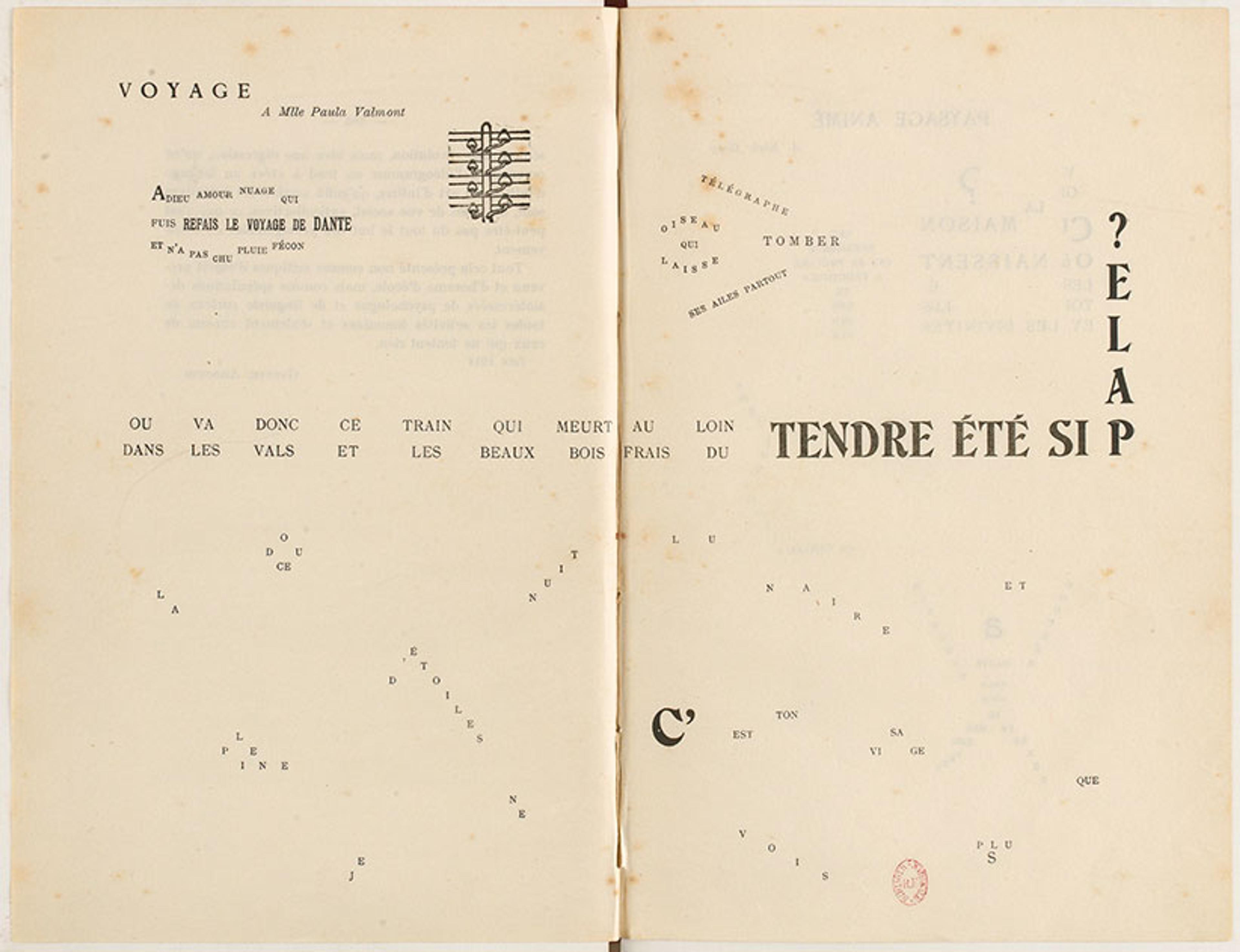 Double page spread of a Dadaist poem with scattered text in irregular patterns, resembling a steam train.