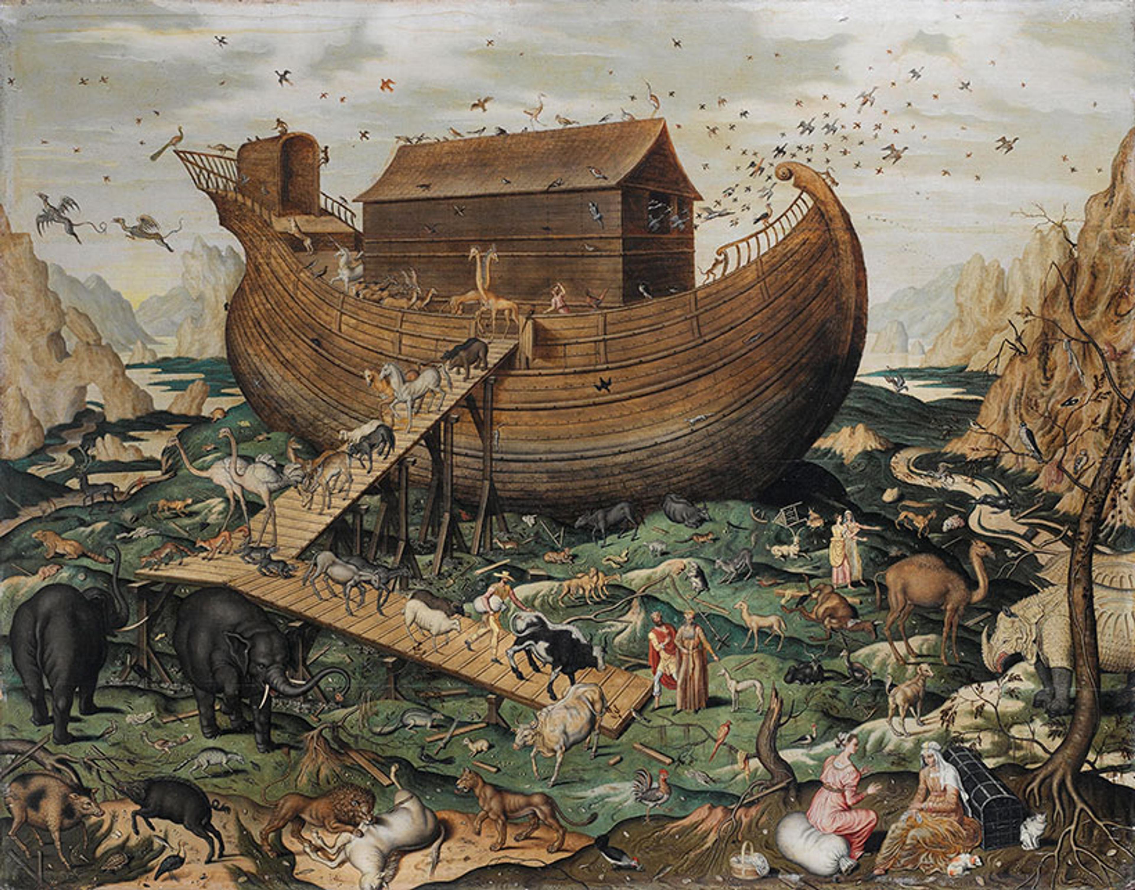 Painting of Noah’s Ark with diverse animals disembarking via a ramp in a mountainous landscape, featuring numerous birds.