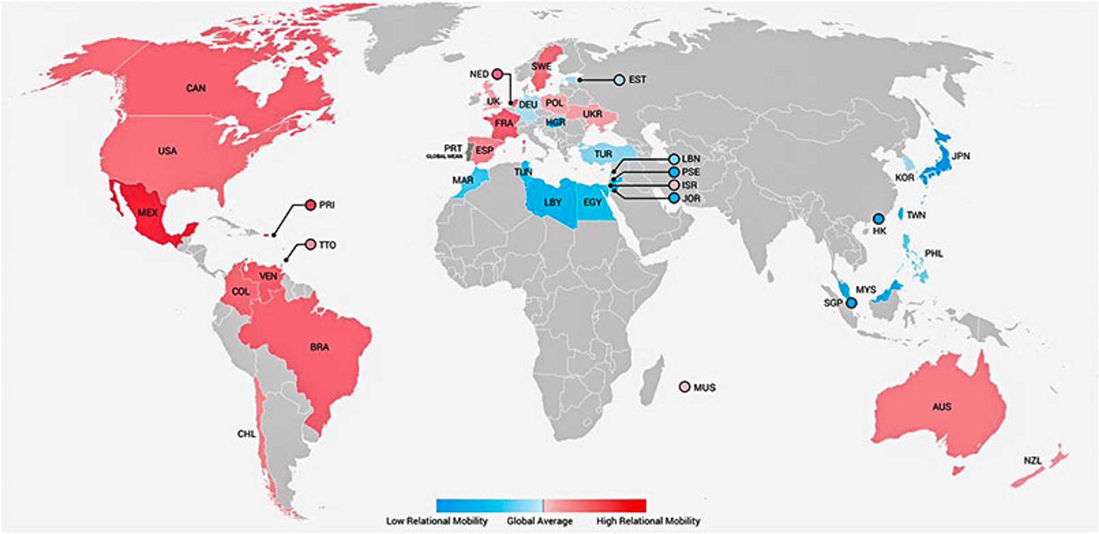 Map showing relational mobility by country in shades of red and blue depicting low to high mobility, with a global average marker.