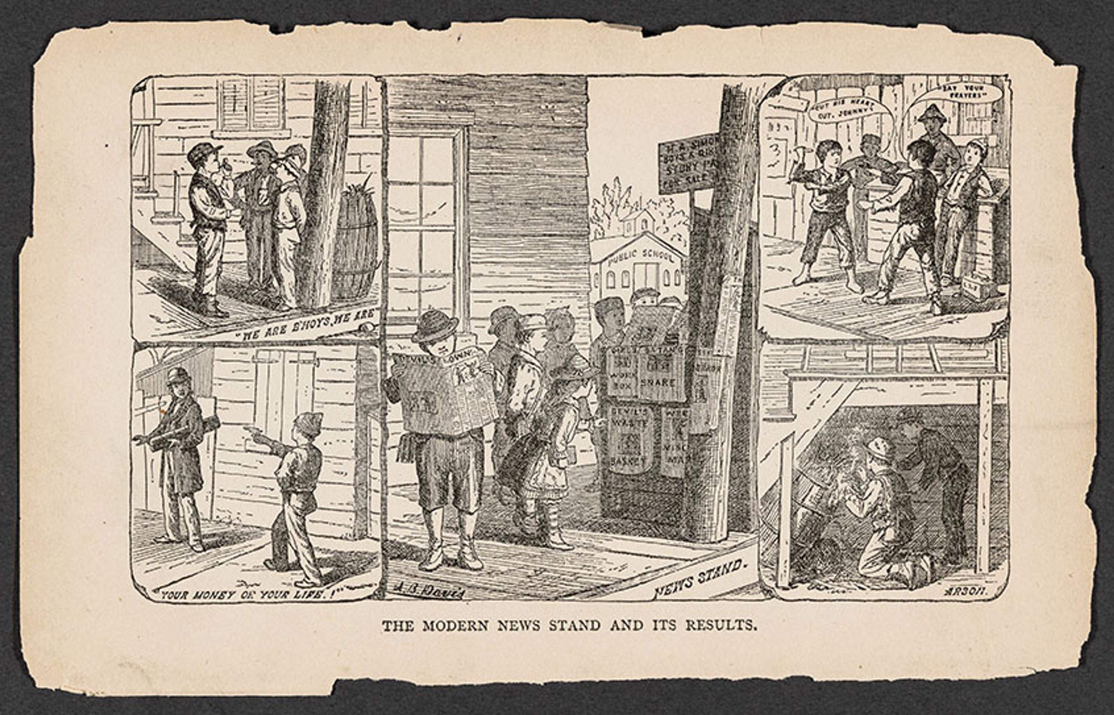 Vintage illustration depicting various scenes of a newspaper stand and its societal impacts in the late 19th century.