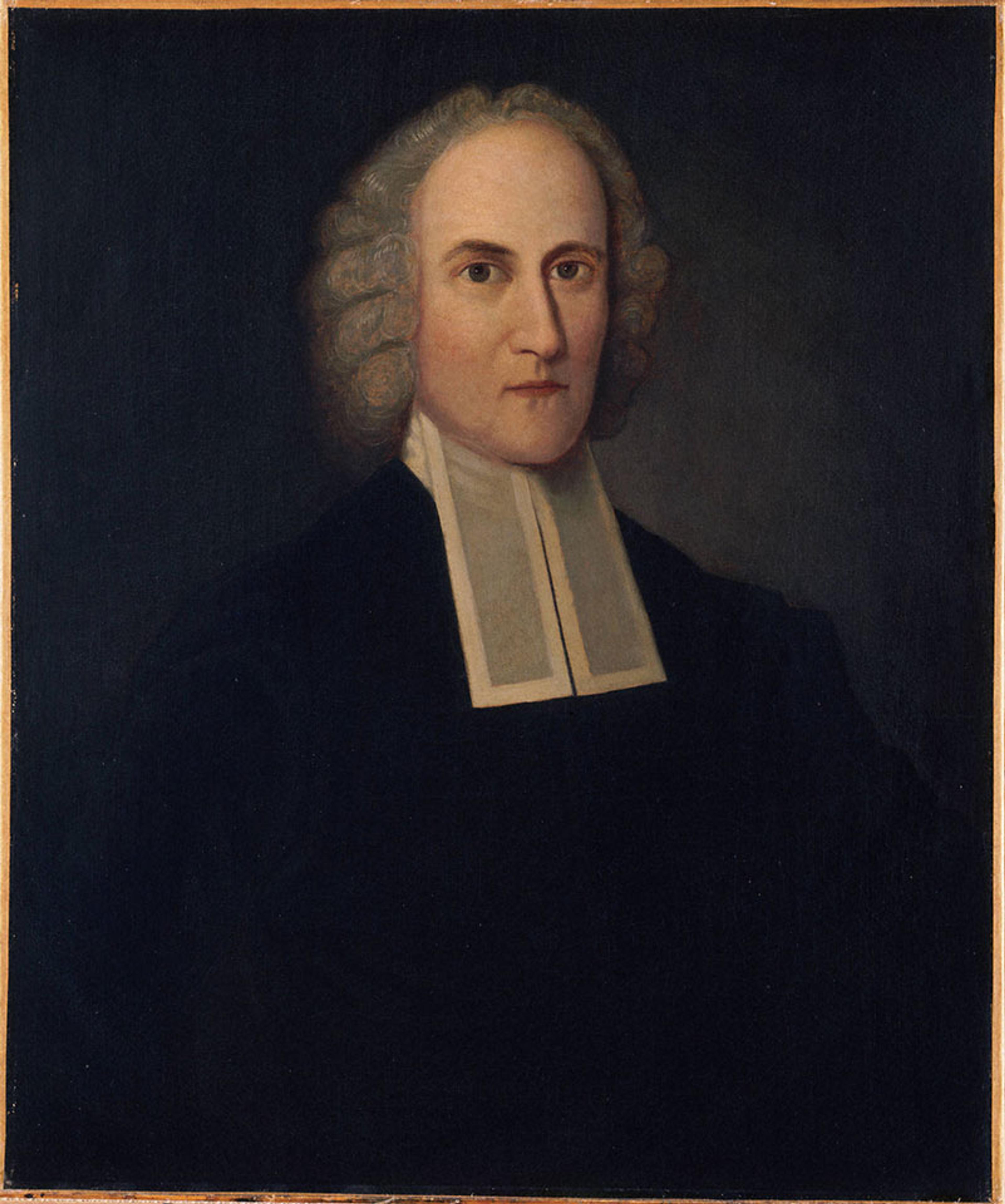 Portrait painting of a man with white hair wearing a dark minister’s robe and white collar on a dark background.