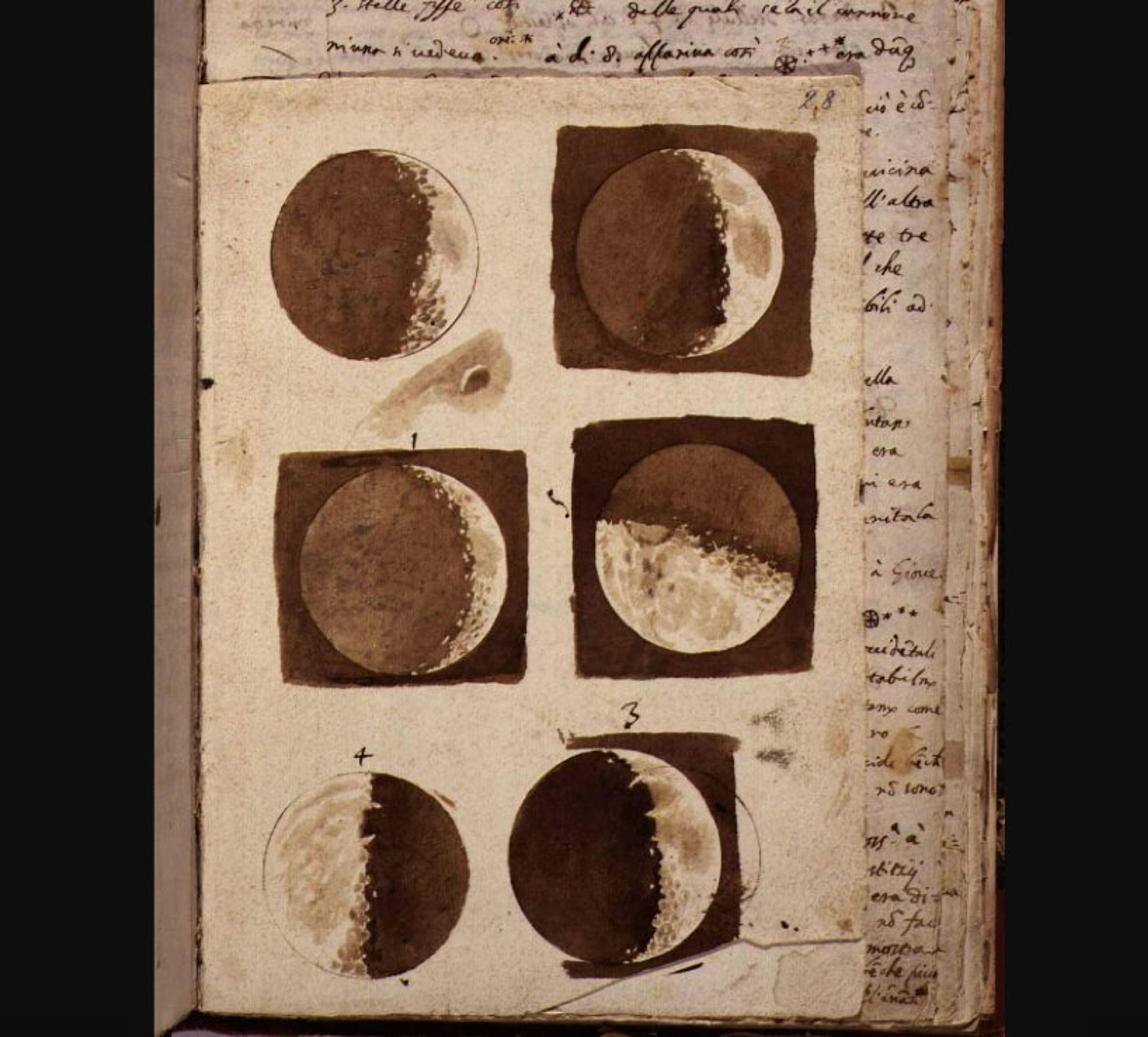 Antique illustration of lunar phases in a sketchbook with handwritten notes.