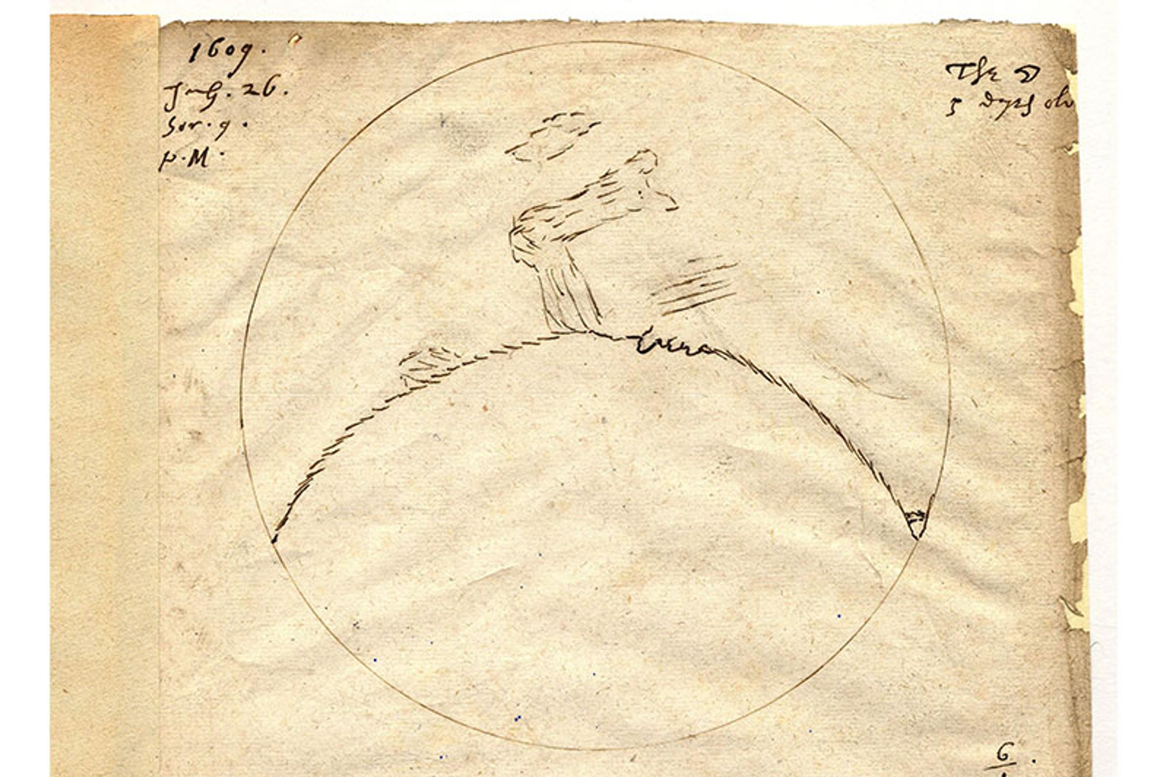 Historic sketch showing a rough drawing of the moon’s surface with notes, dated 1609.