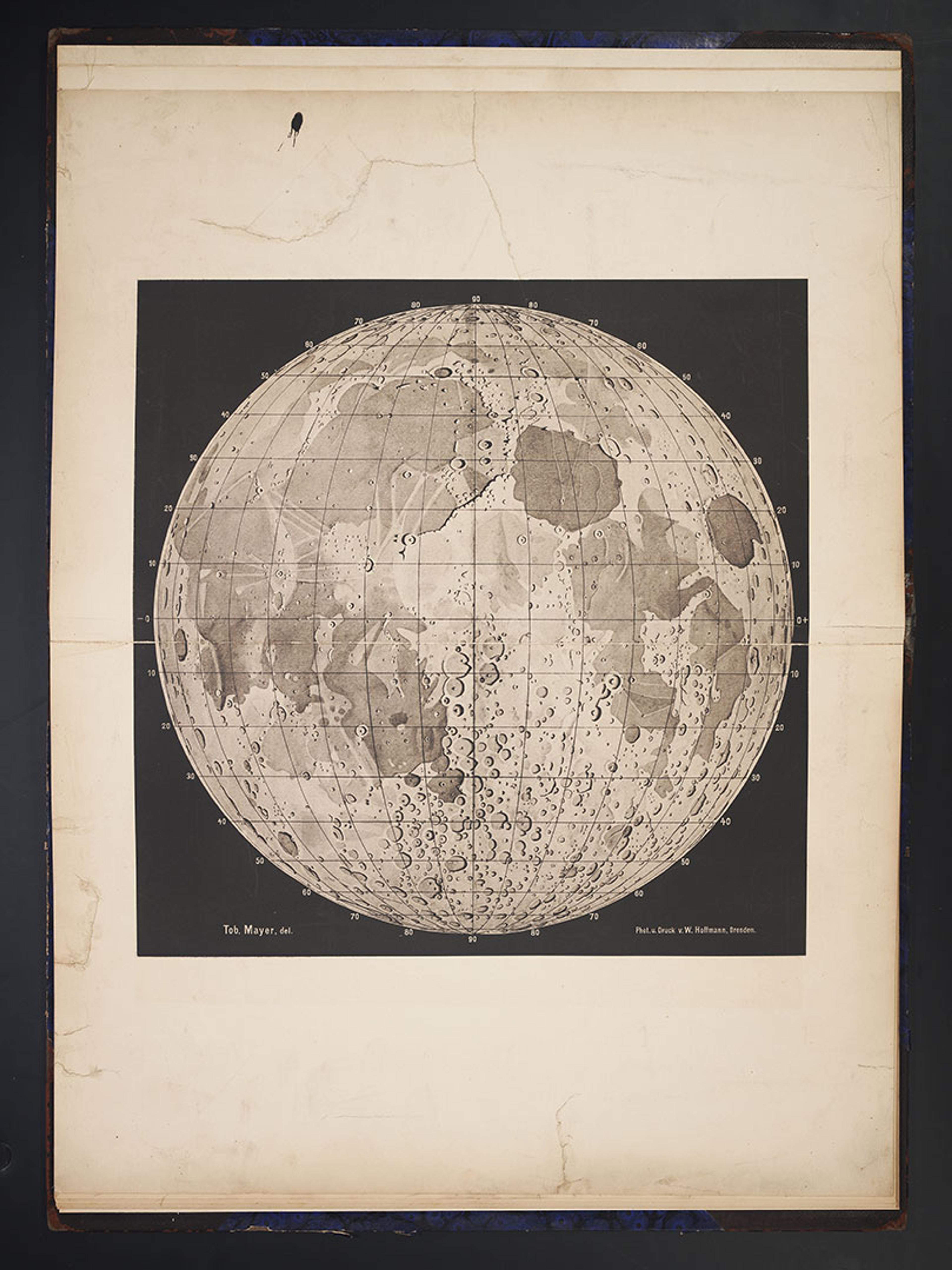 Antique illustrated map of the Moon’s surface with craters and numbered gridlines.