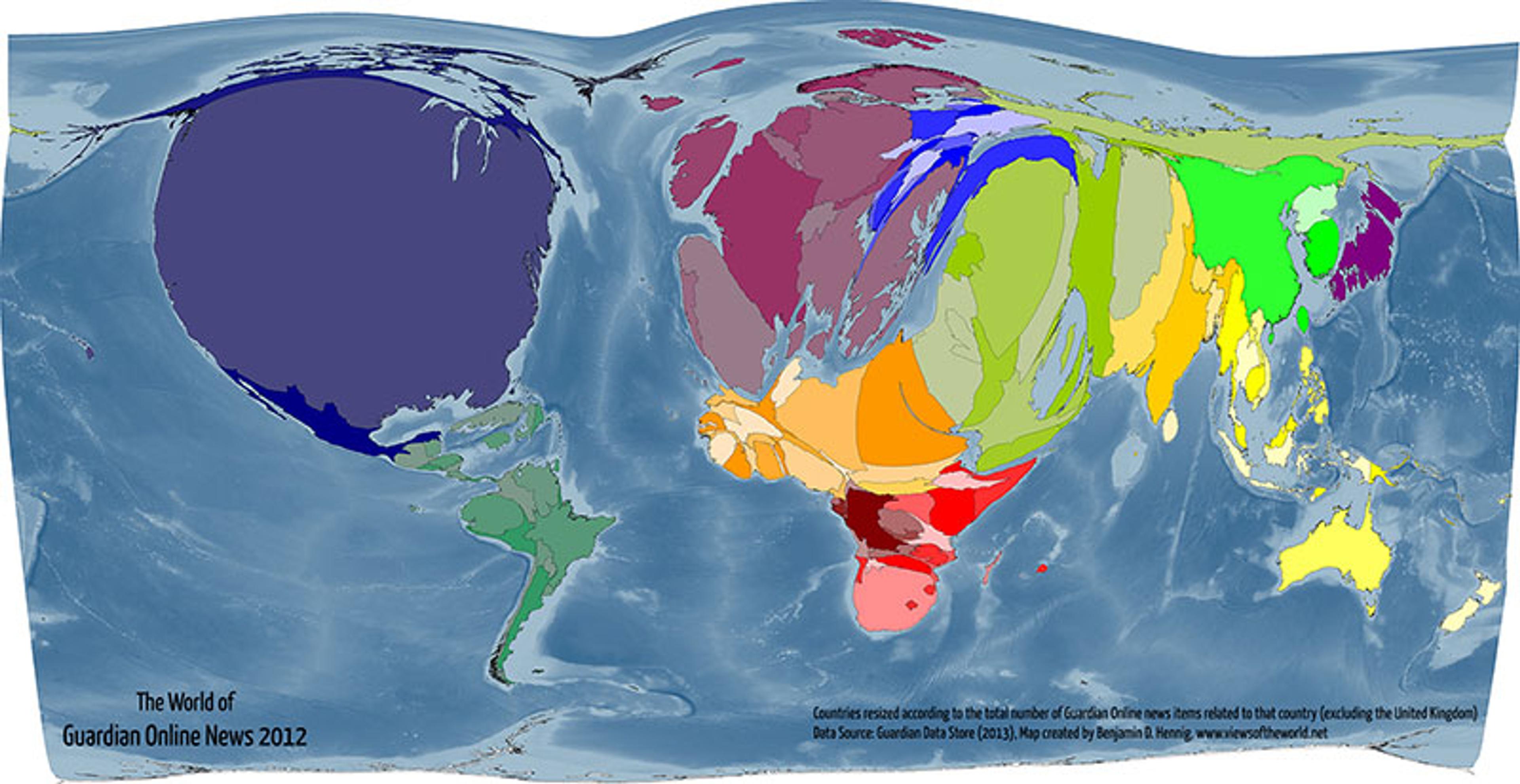 Distorted world map showing Guardian Online news coverage by country size, 2012; bright colours indicate coverage volume.