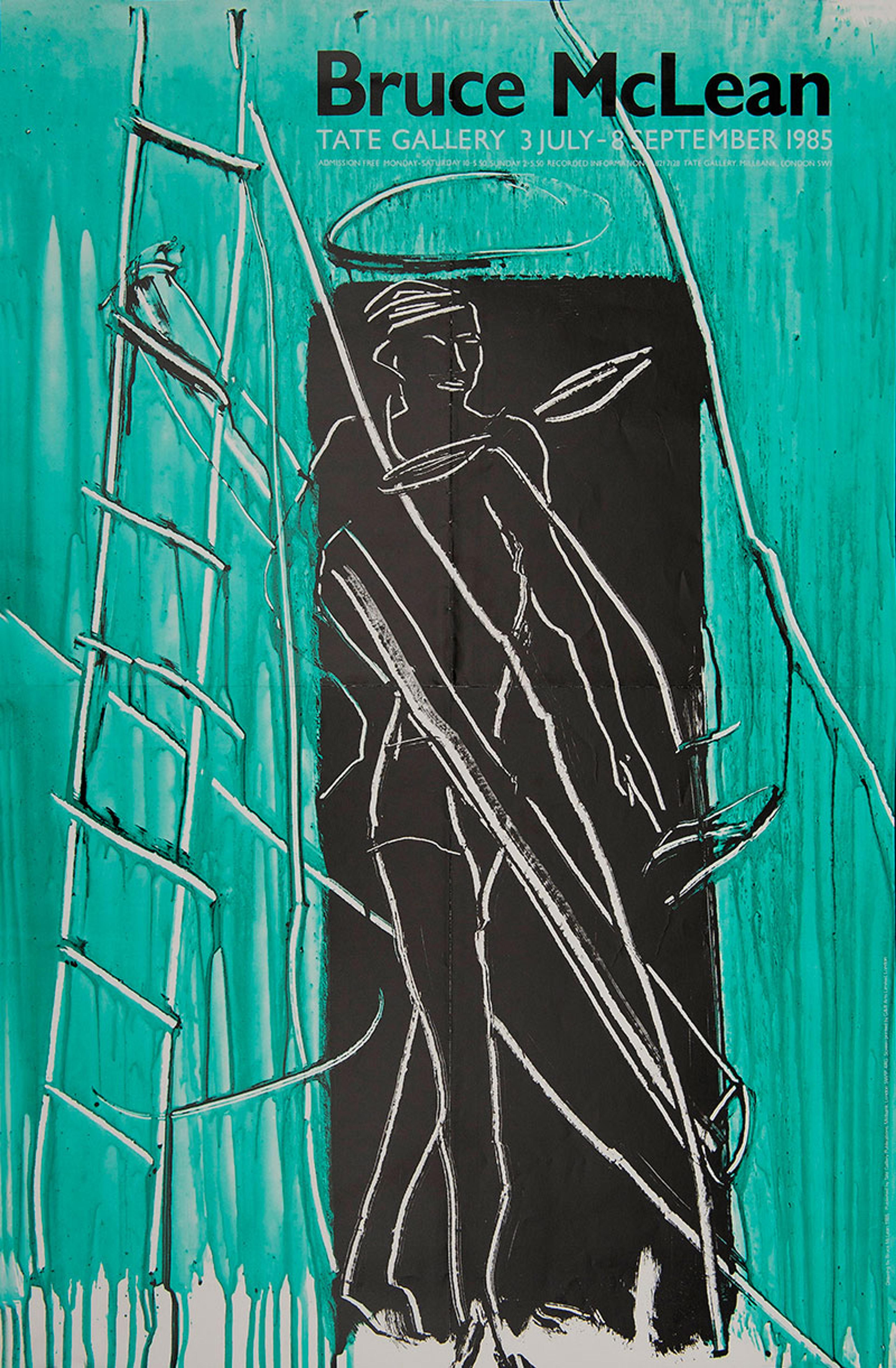 Painting of abstract white figure on black, green background with text “Bruce McLean Tate Gallery 3 July-8 September 1985”.