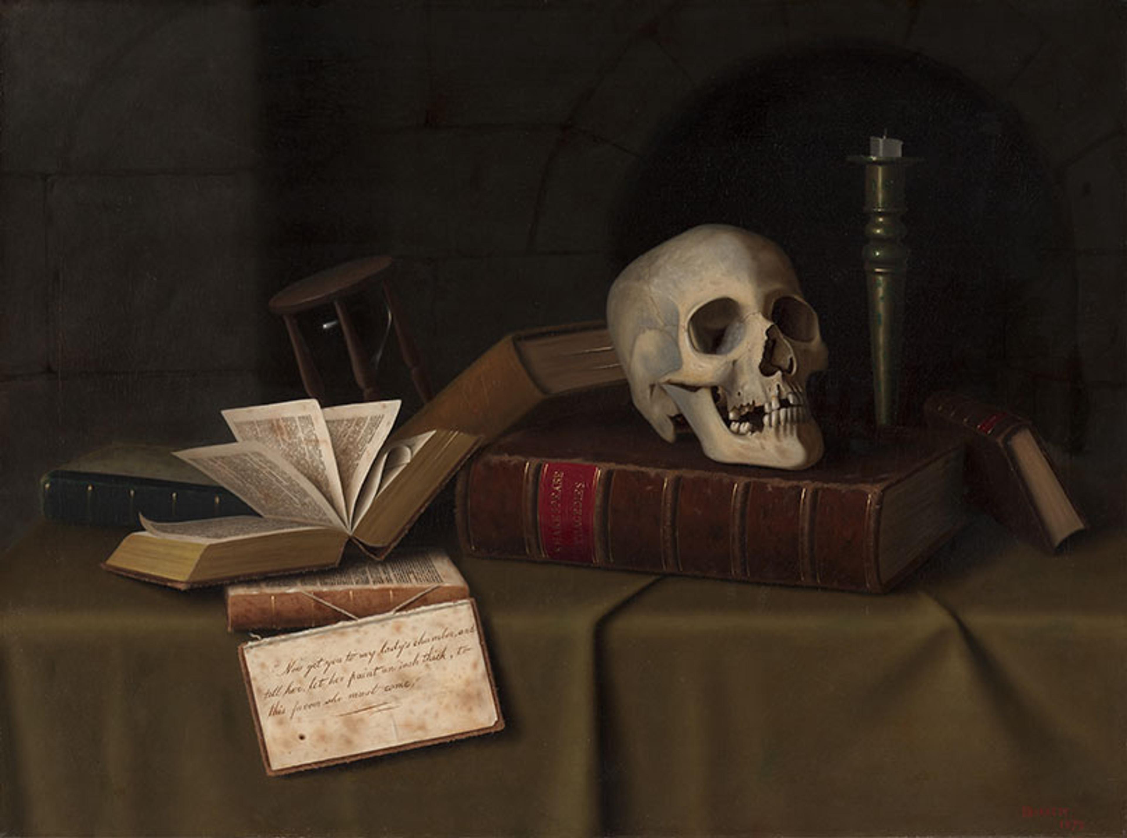 A painting of a skull on books with an hourglass candle and papers on a table conveying a vanitas theme.