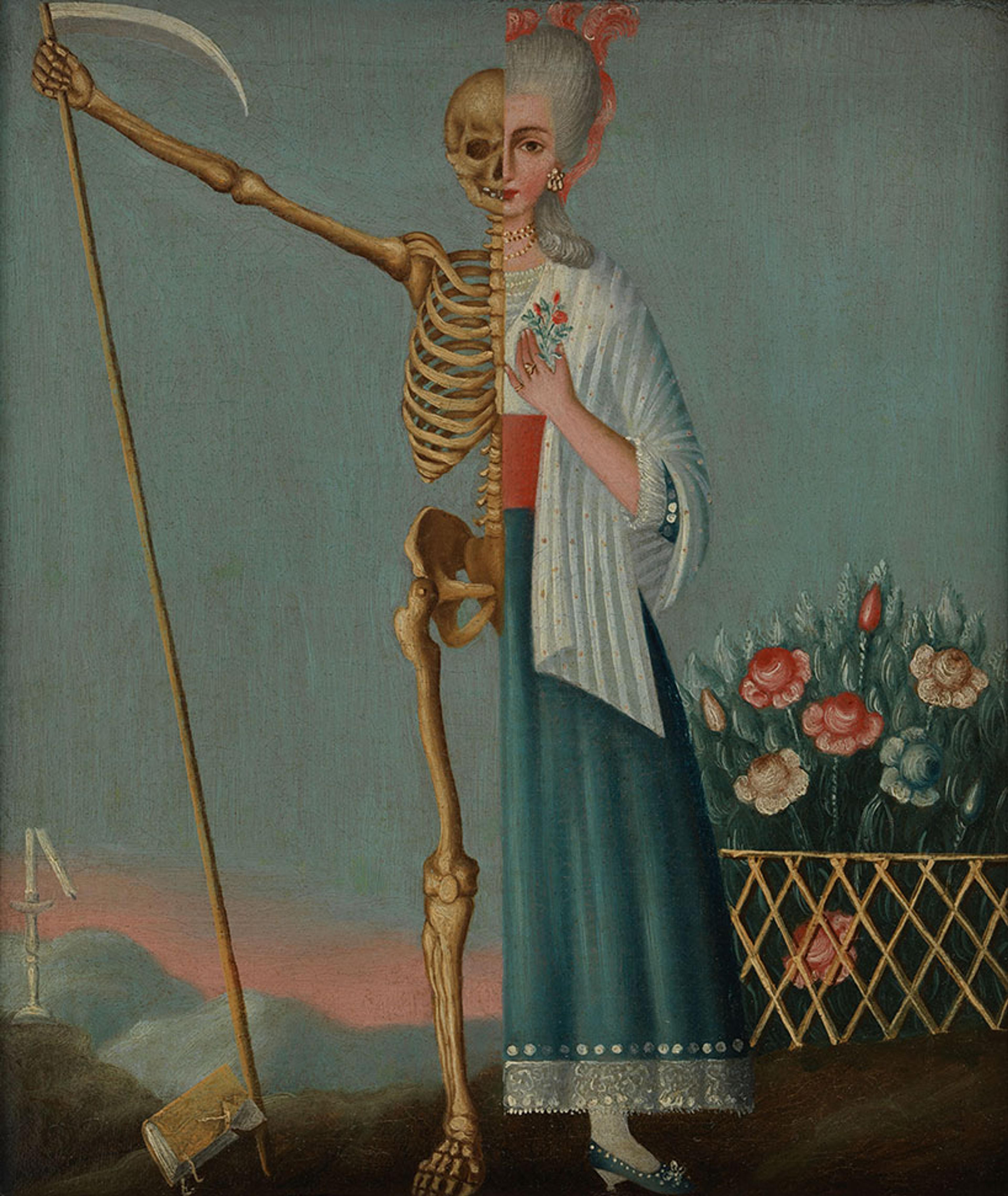 Half woman half skeleton holding a scythe in an oil painting with flowers in the background.