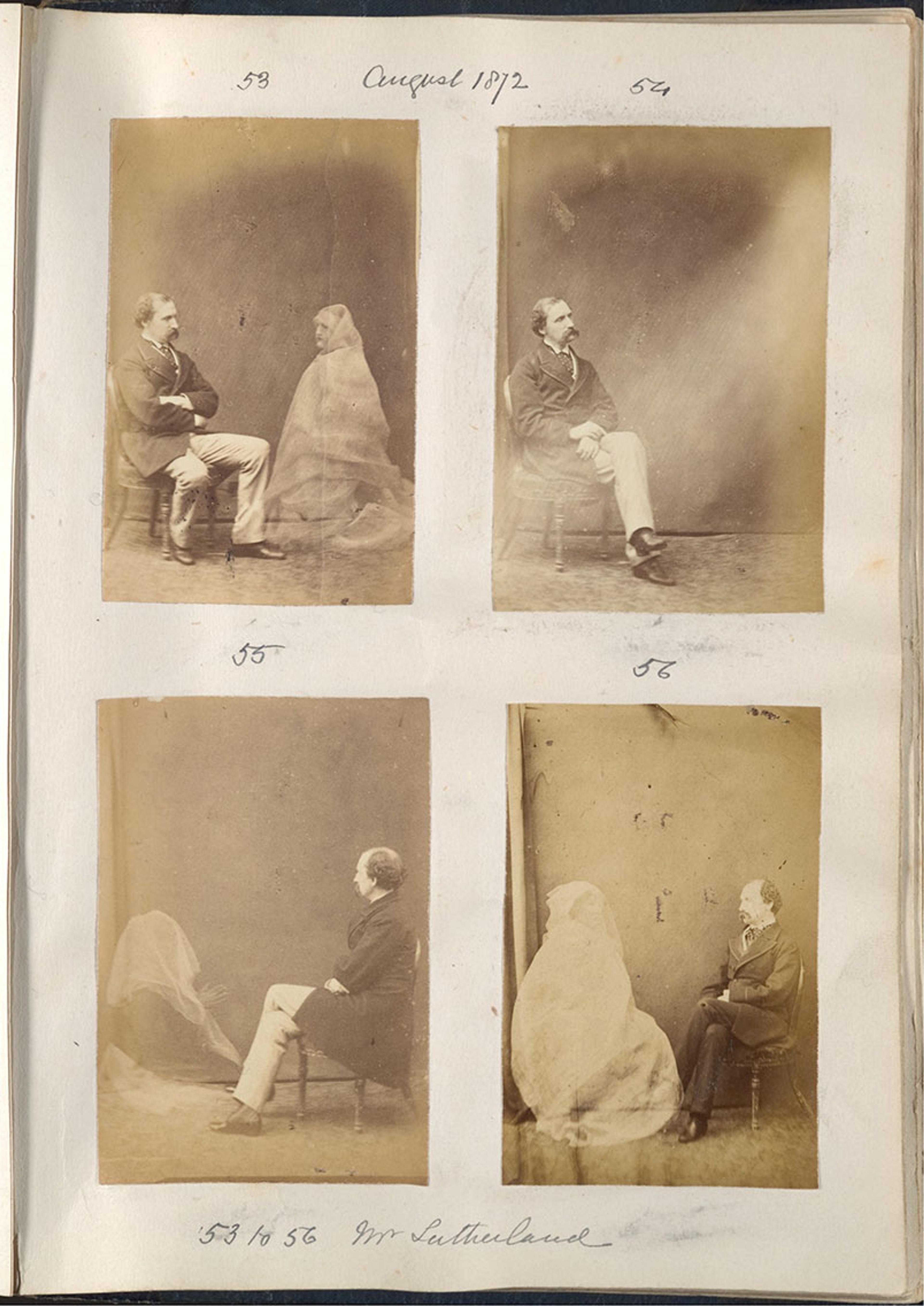 Victorian spirit photography from August 1872 showing a man and ghostly figures, four sepia-toned photos on a scrapbook page.