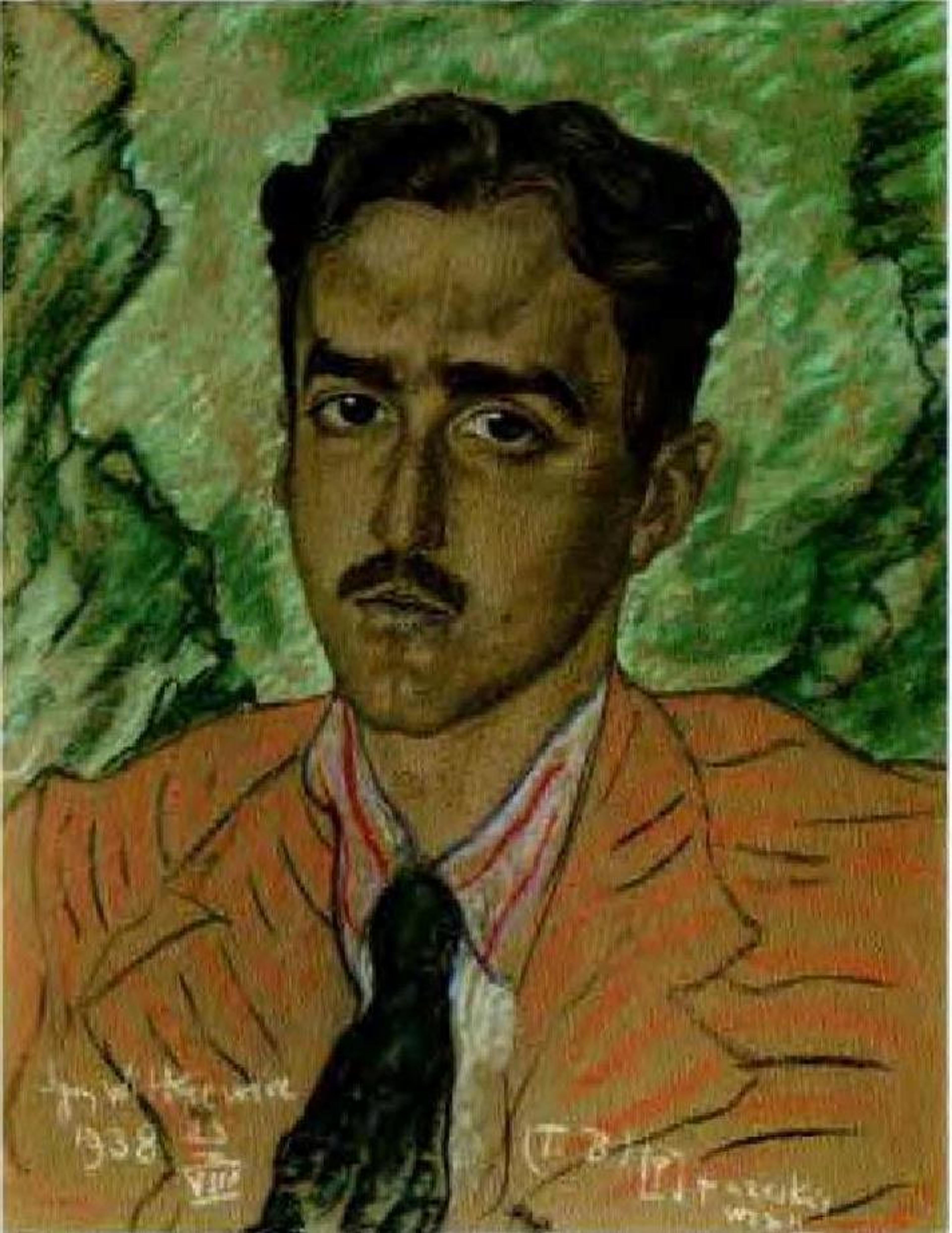 Painting of a man in an orange suit with a black tie, on a green abstract background with writing on the canvas.