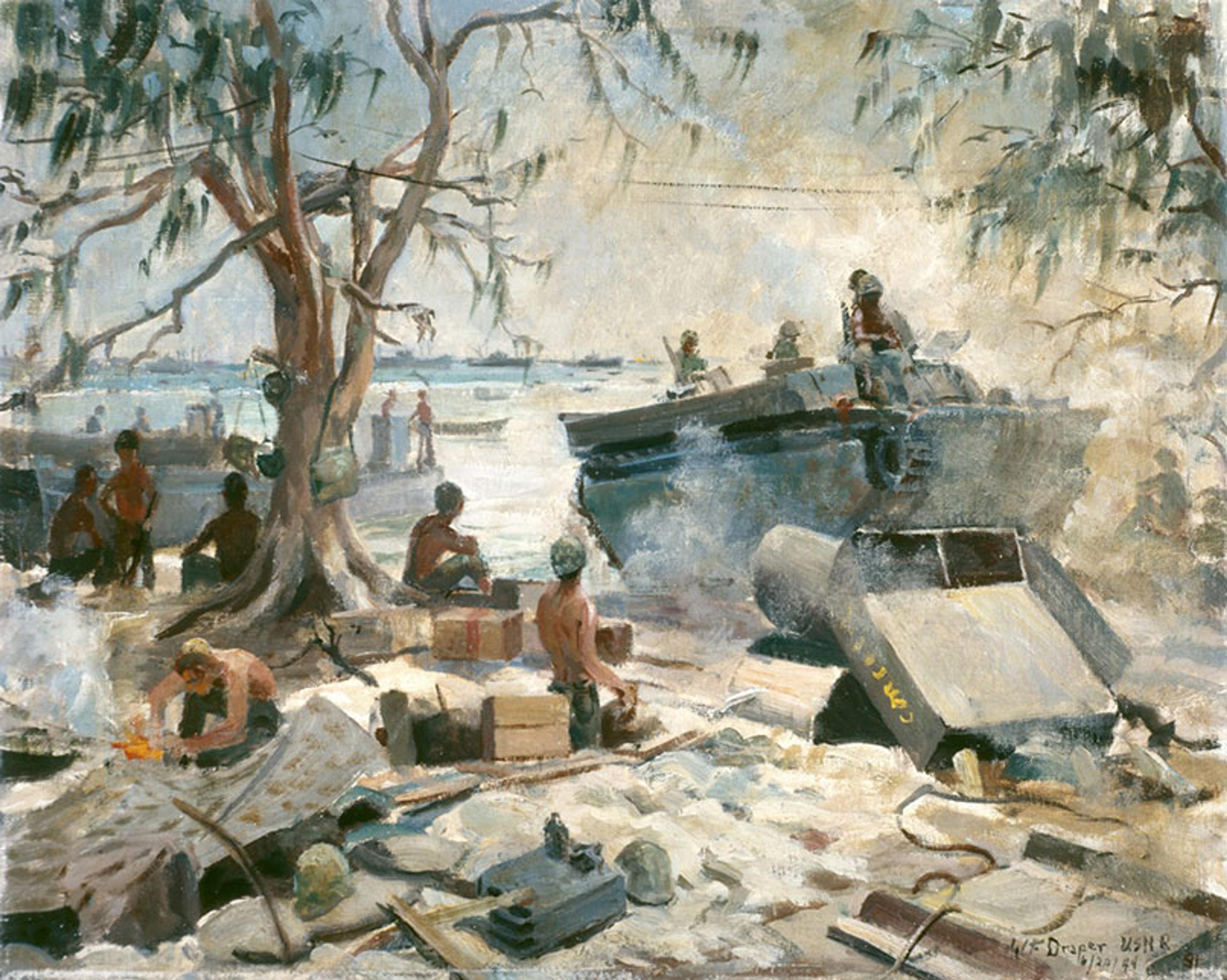 Painting of soldiers landing on a beach during the Second World War, unloading supplies with trees and sea in the background.