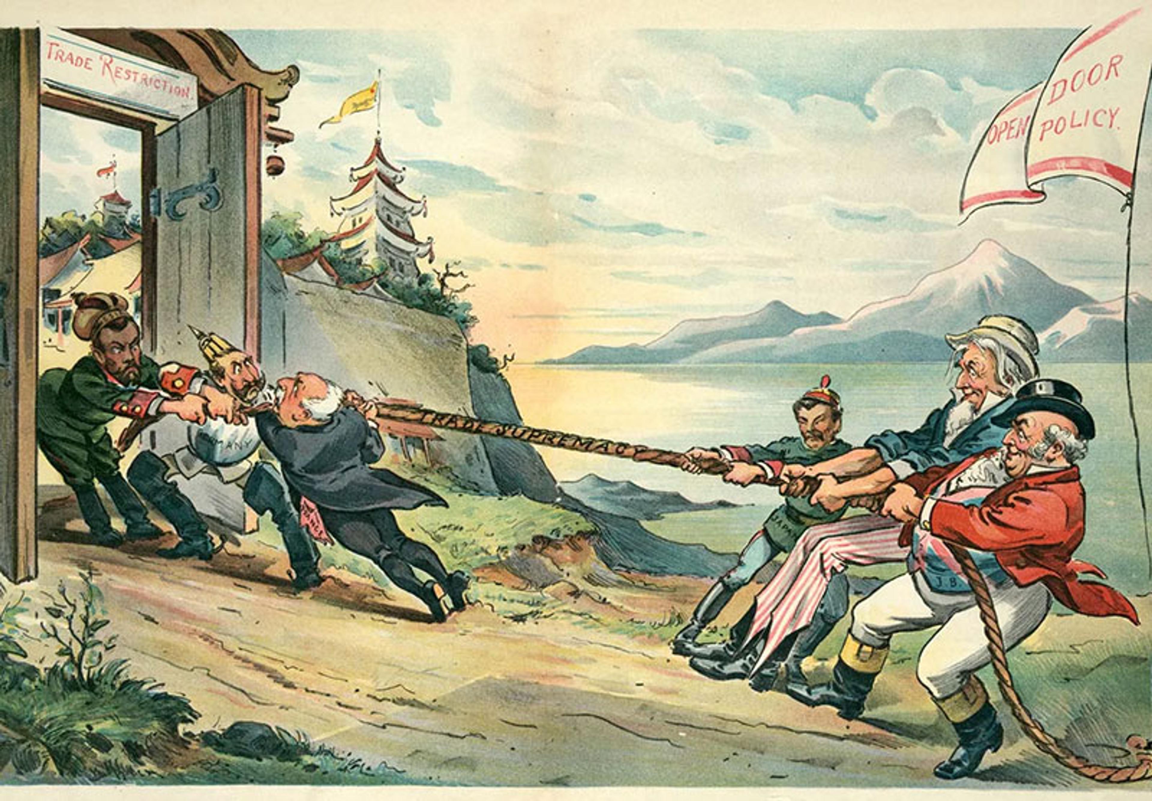 Cartoon of men in a tug-of-war over trade, one side under the banner “Open Door Policy”, the other under a doorway