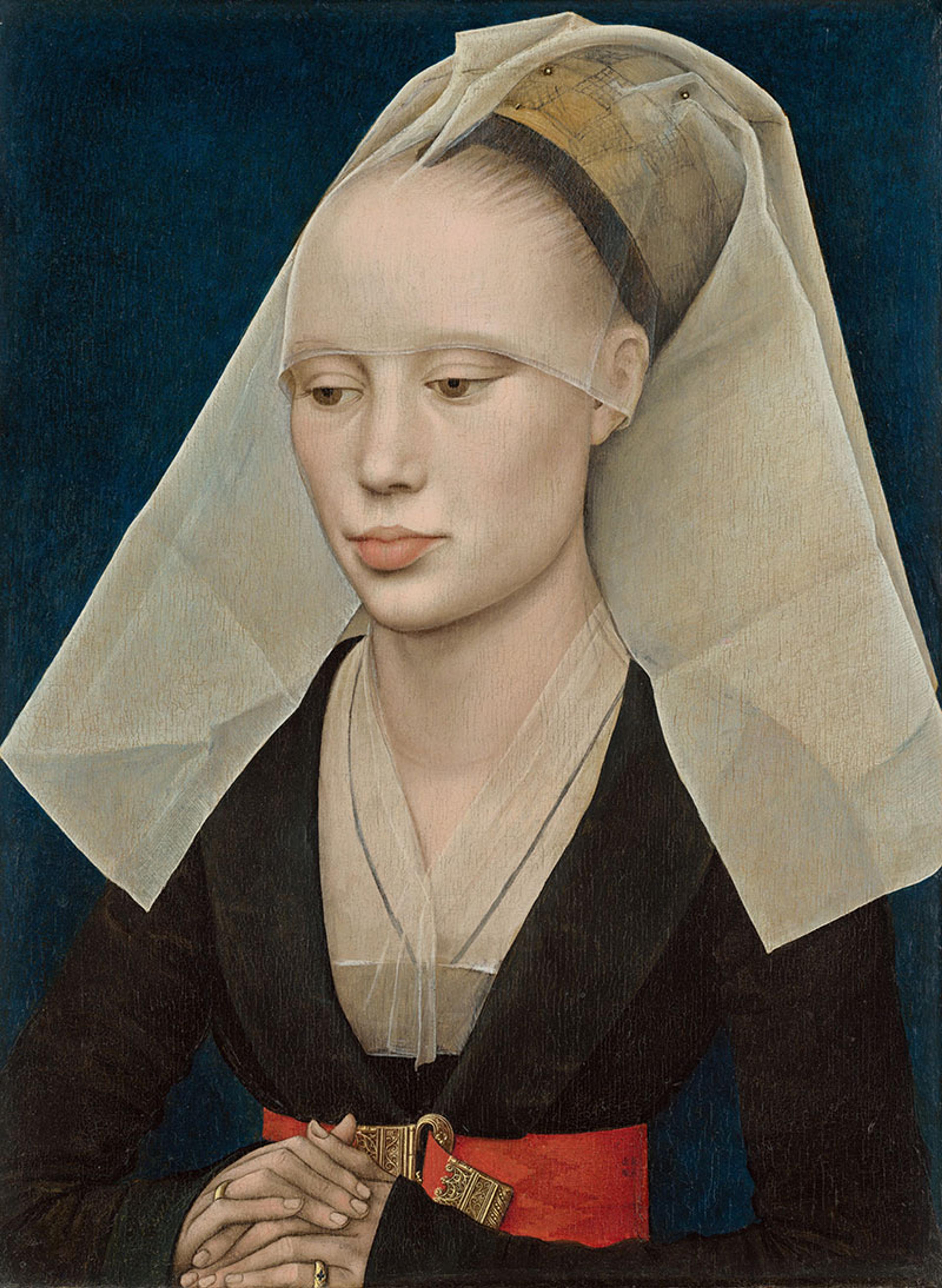 Portrait painting of a woman with a pale veil and dress, hands clasped, and a dark blue background.