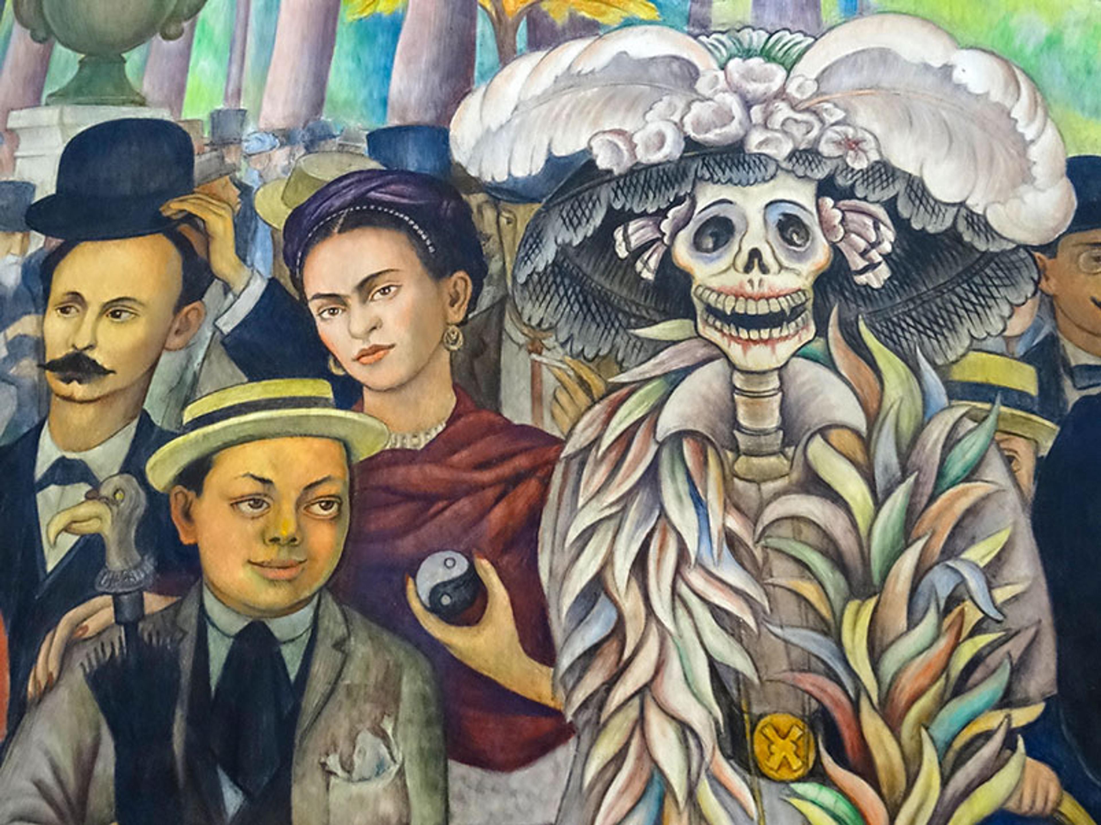 A painting featuring people in festive attire, including a skeleton with a hat, capturing a lively cultural scene.
