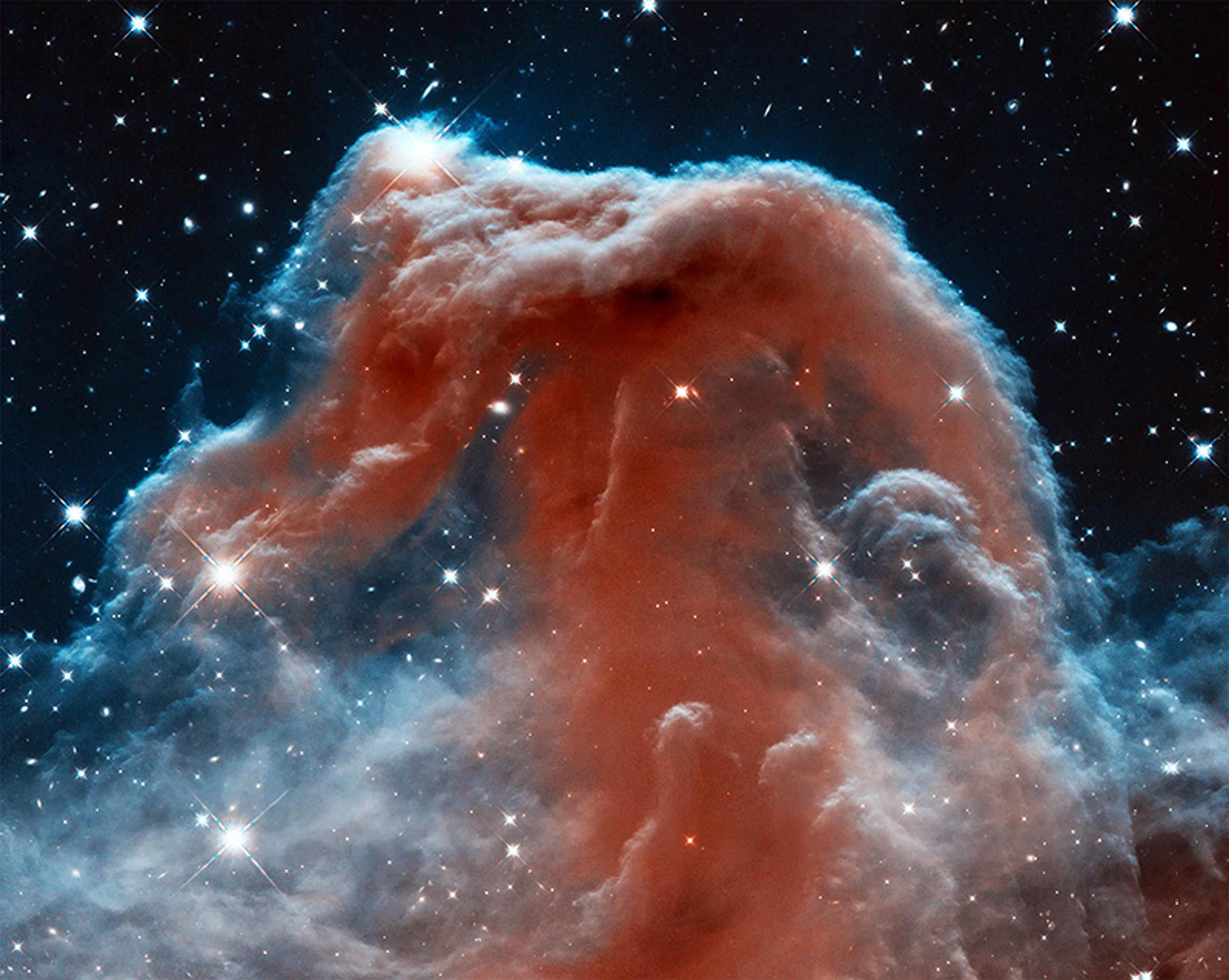 Astronomy photo of the Horsehead Nebula showing a reddish gas cloud in space with bright stars scattered across the background.