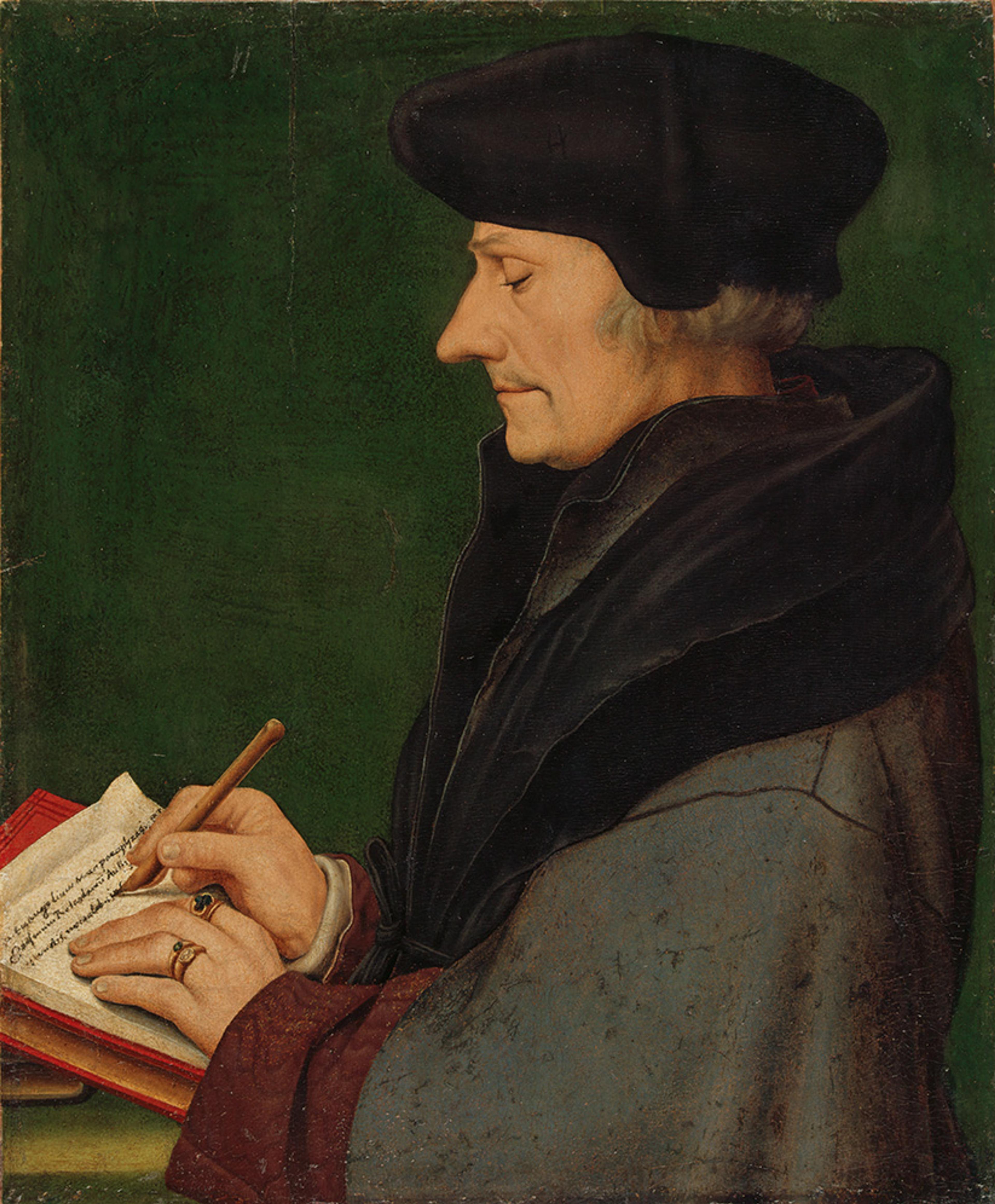 Painting of a man in a black hat writing in a book with a quill against a green background.