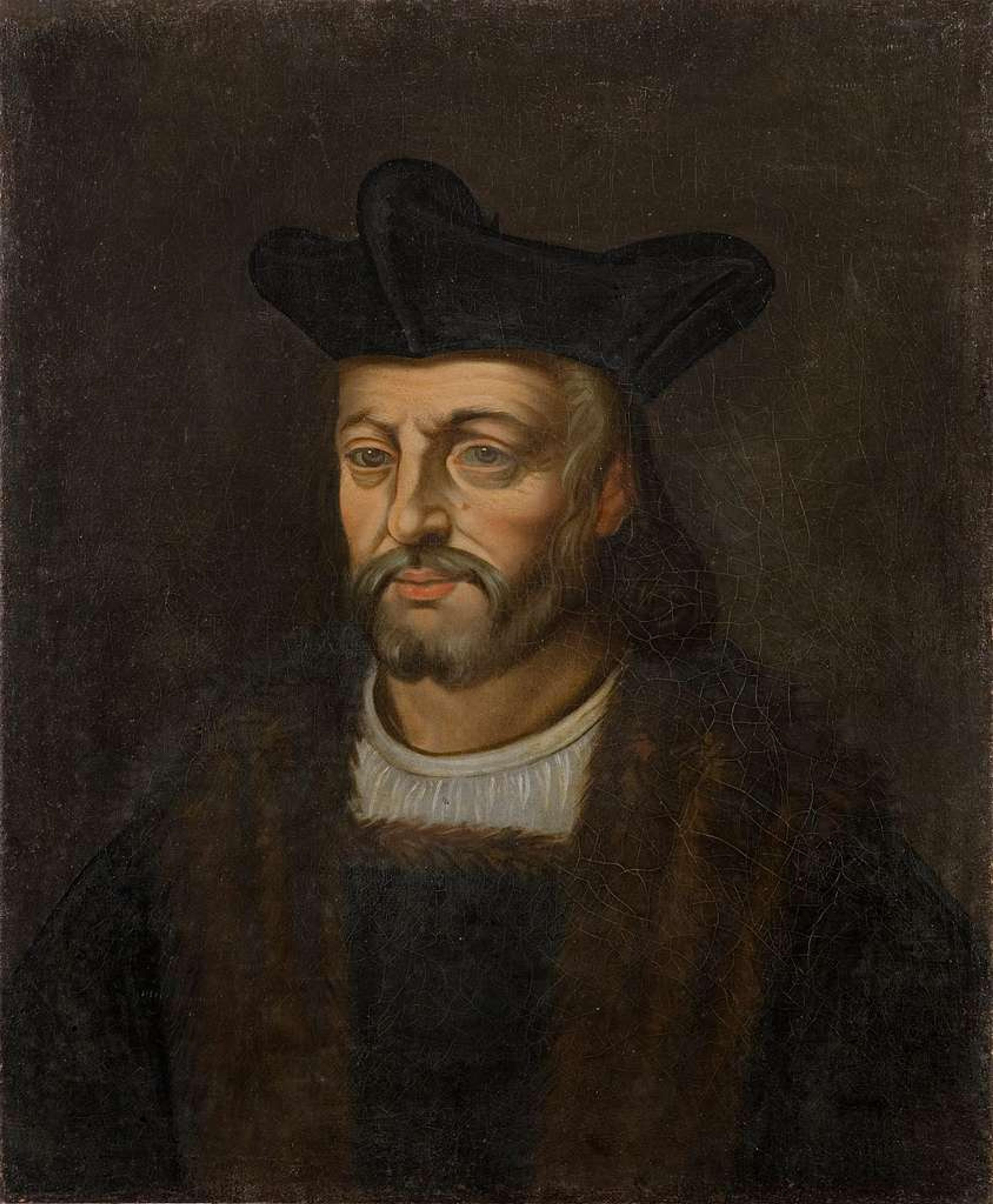 A painting of a man with a beard wearing a black hat and fur-trimmed robe, set against a dark background.