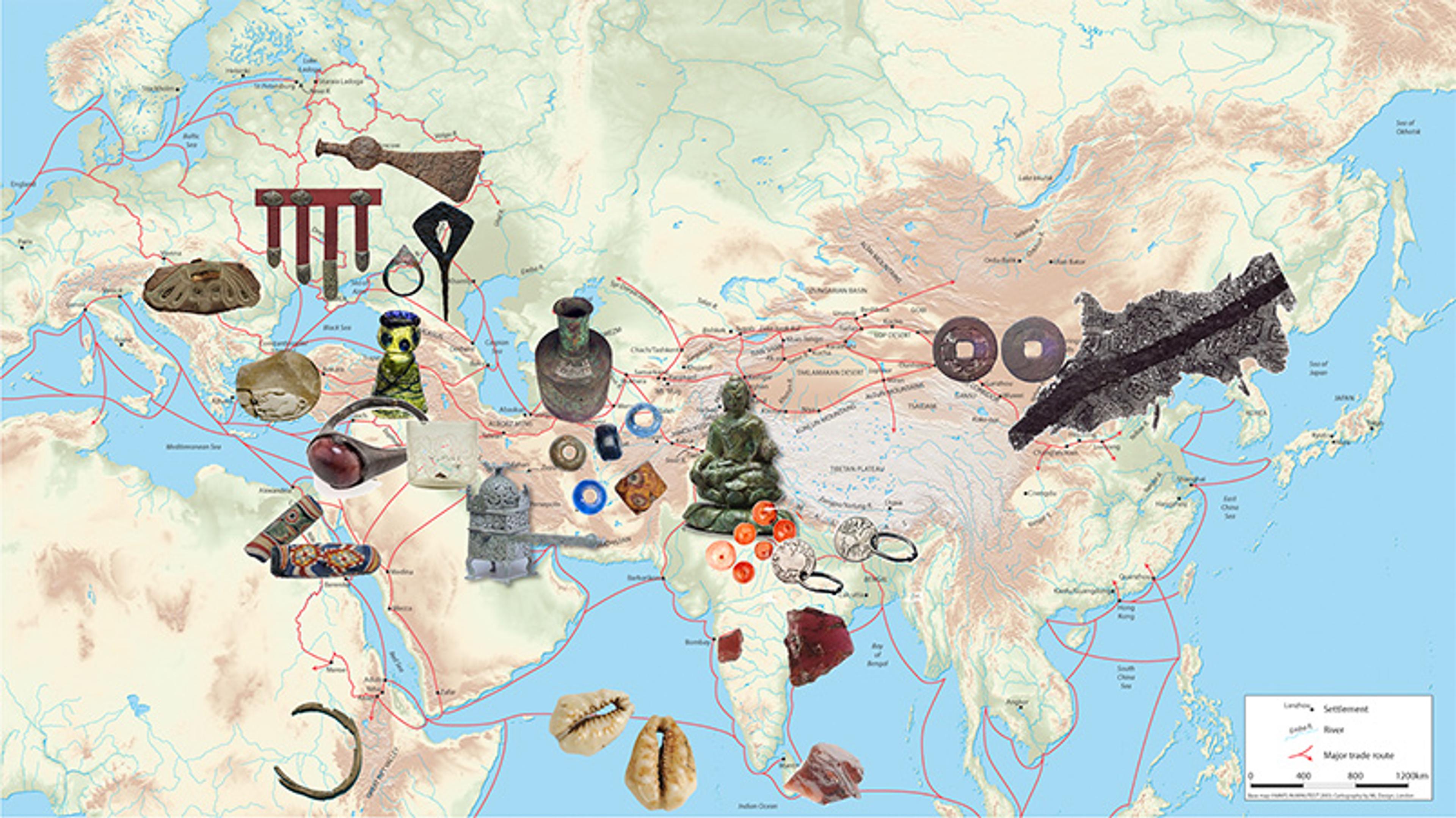 Map with artefacts overlaid on ancient trade routes including pottery, jewellery and tools, illustrating historical exchanges.