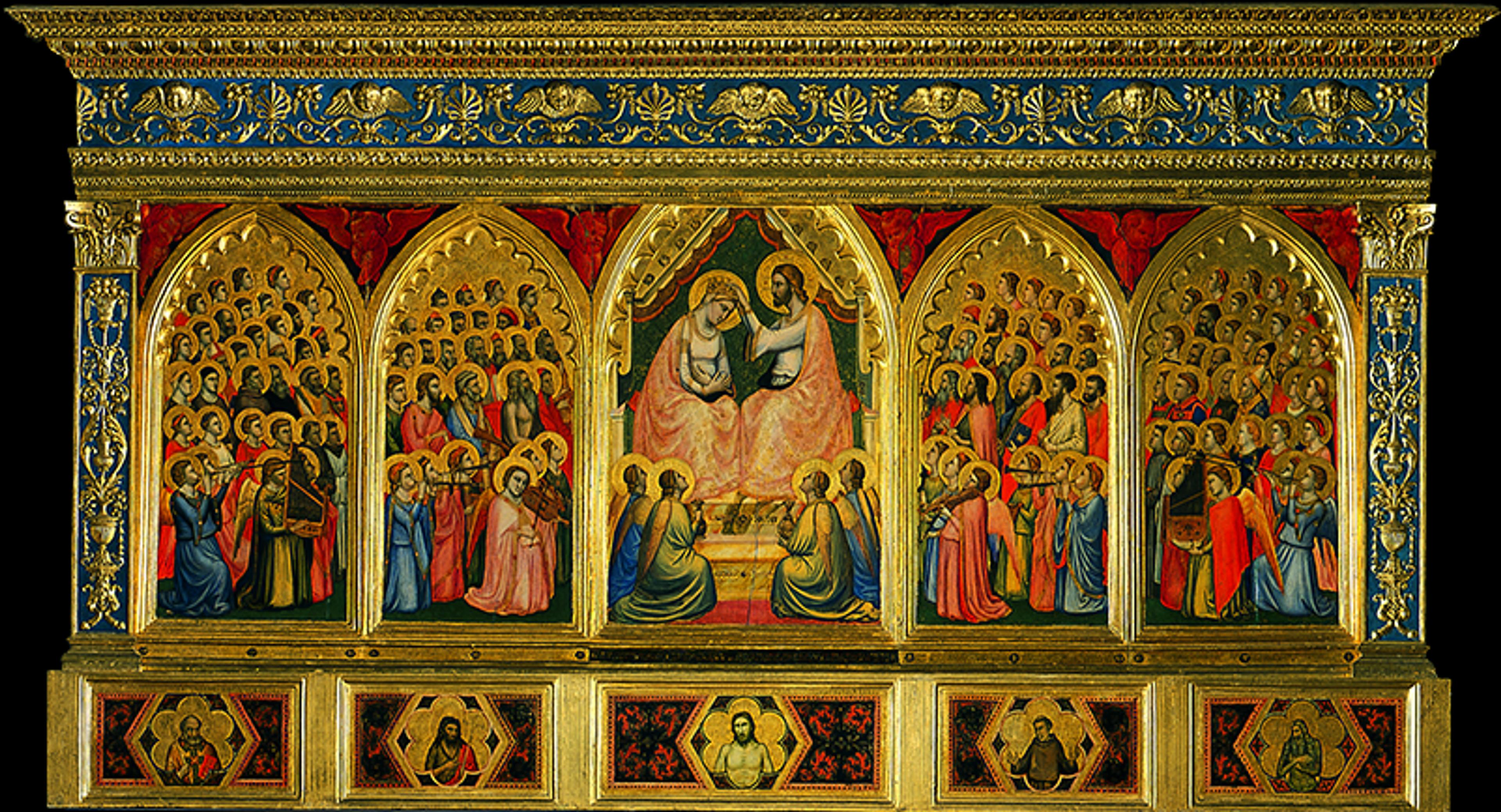 A detailed medieval painting with religious figures in vibrant robes within ornate gold arches and a decorative frame.