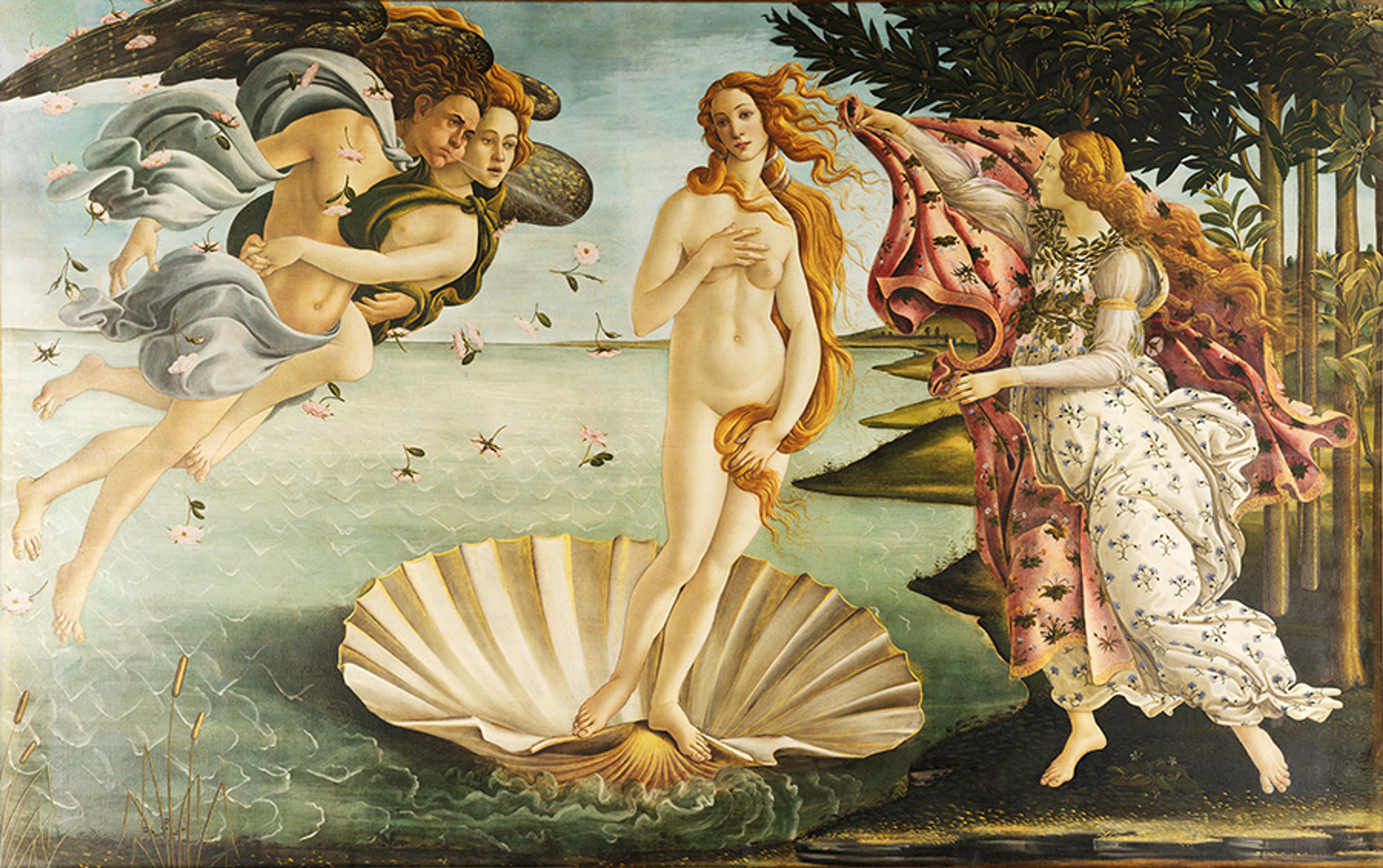 Painting of a nude woman standing on a giant shell with winged figures blowing wind and another offering a cloak on a coastal landscape.