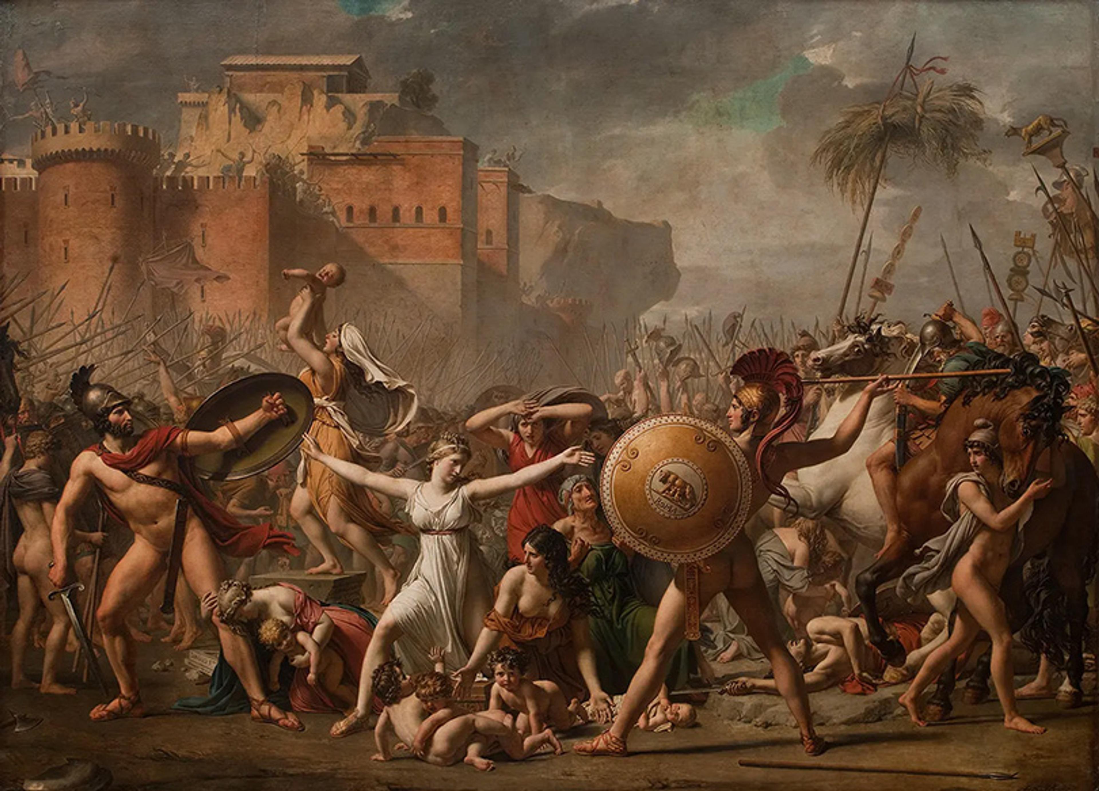 A classical painting showing an ancient battle scene with soldiers and women, featuring dramatic expressions and ornate shields.