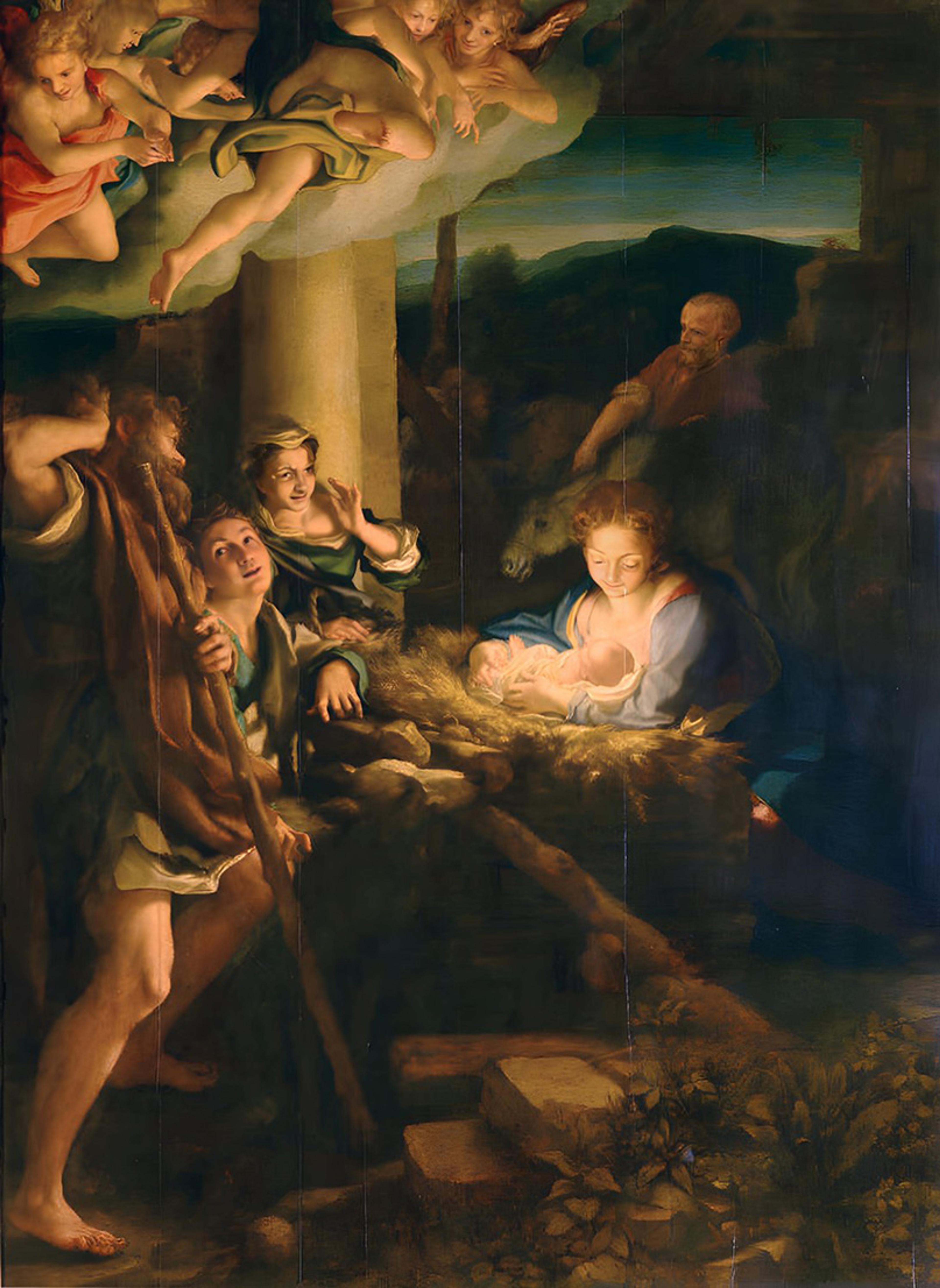 Painting of a nativity scene with angels above a baby in a manger surrounded by adoring figures.