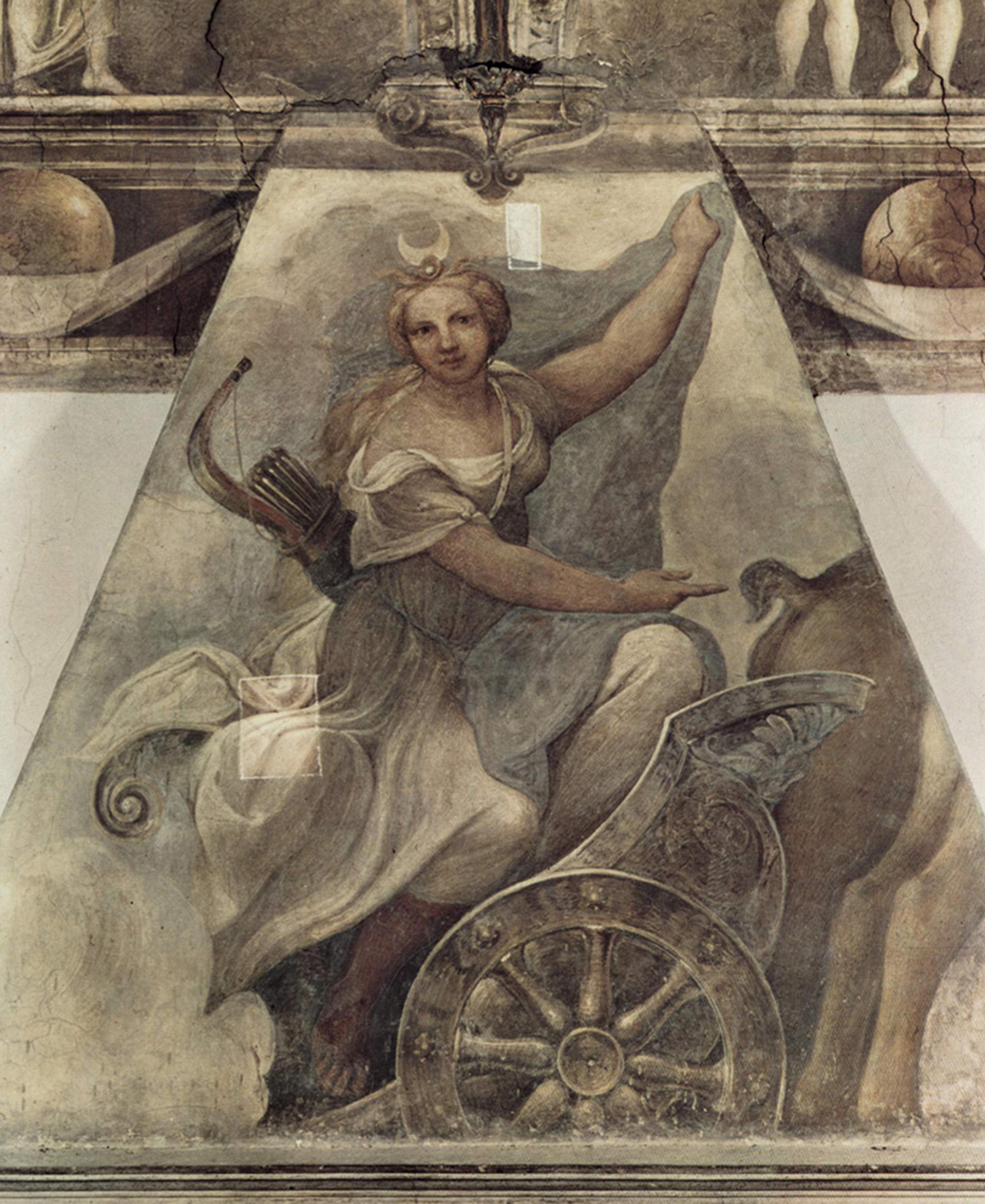 Fresco painting of a woman with a crescent on her head riding a chariot, holding a bow with a quiver on her back.
