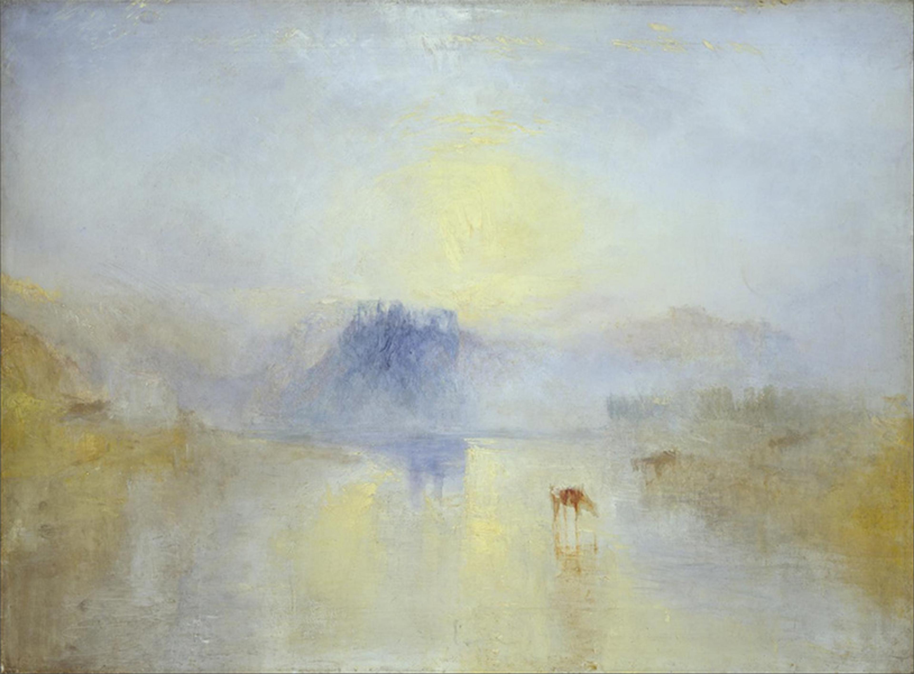 A dreamy landscape painting with soft colours depicting a misty lake, cows and distant hills under a pale sun.
