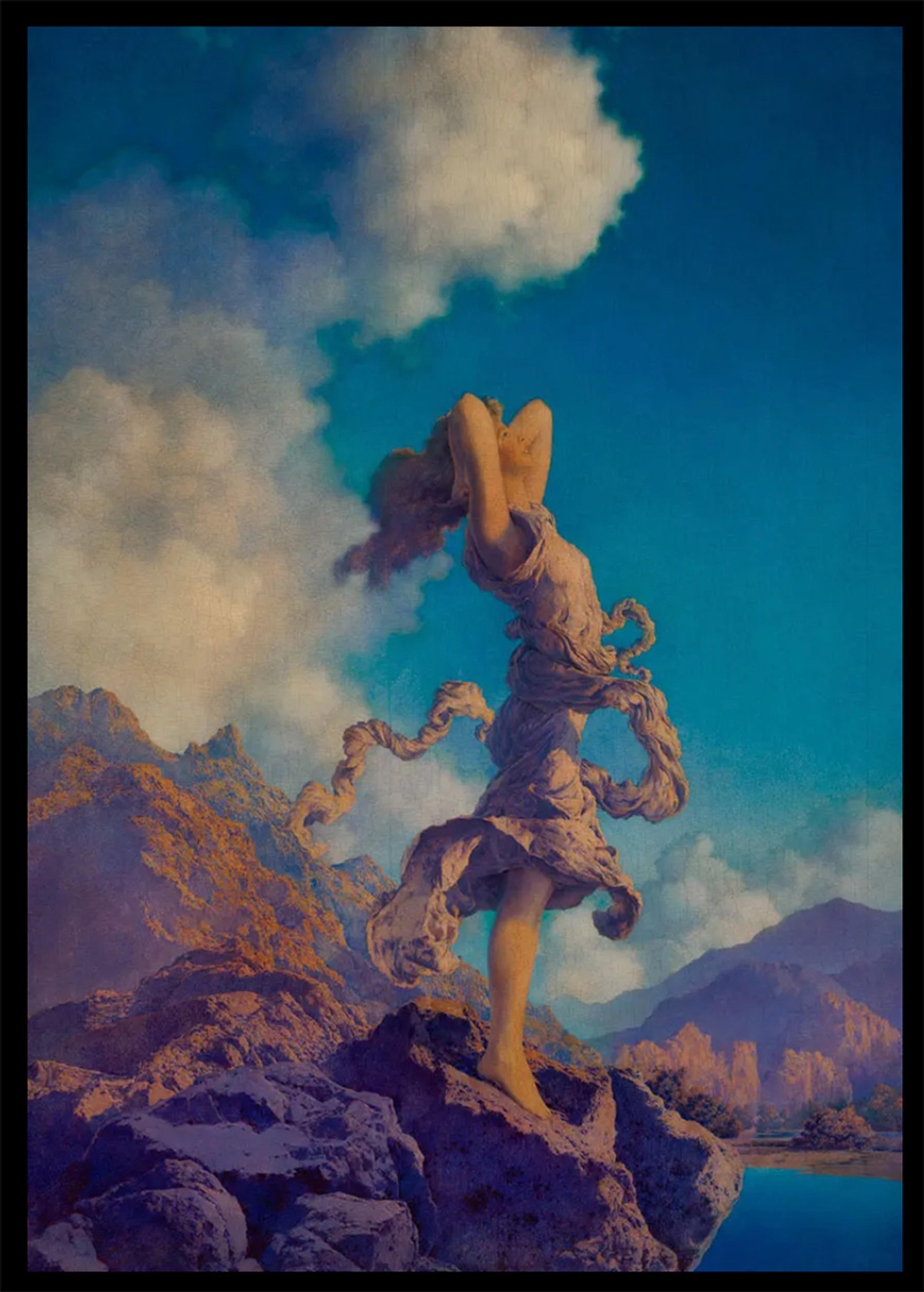 Painting of a woman standing on rocks in a flowing dress, arms raised, with mountains and a cloudy blue sky background.