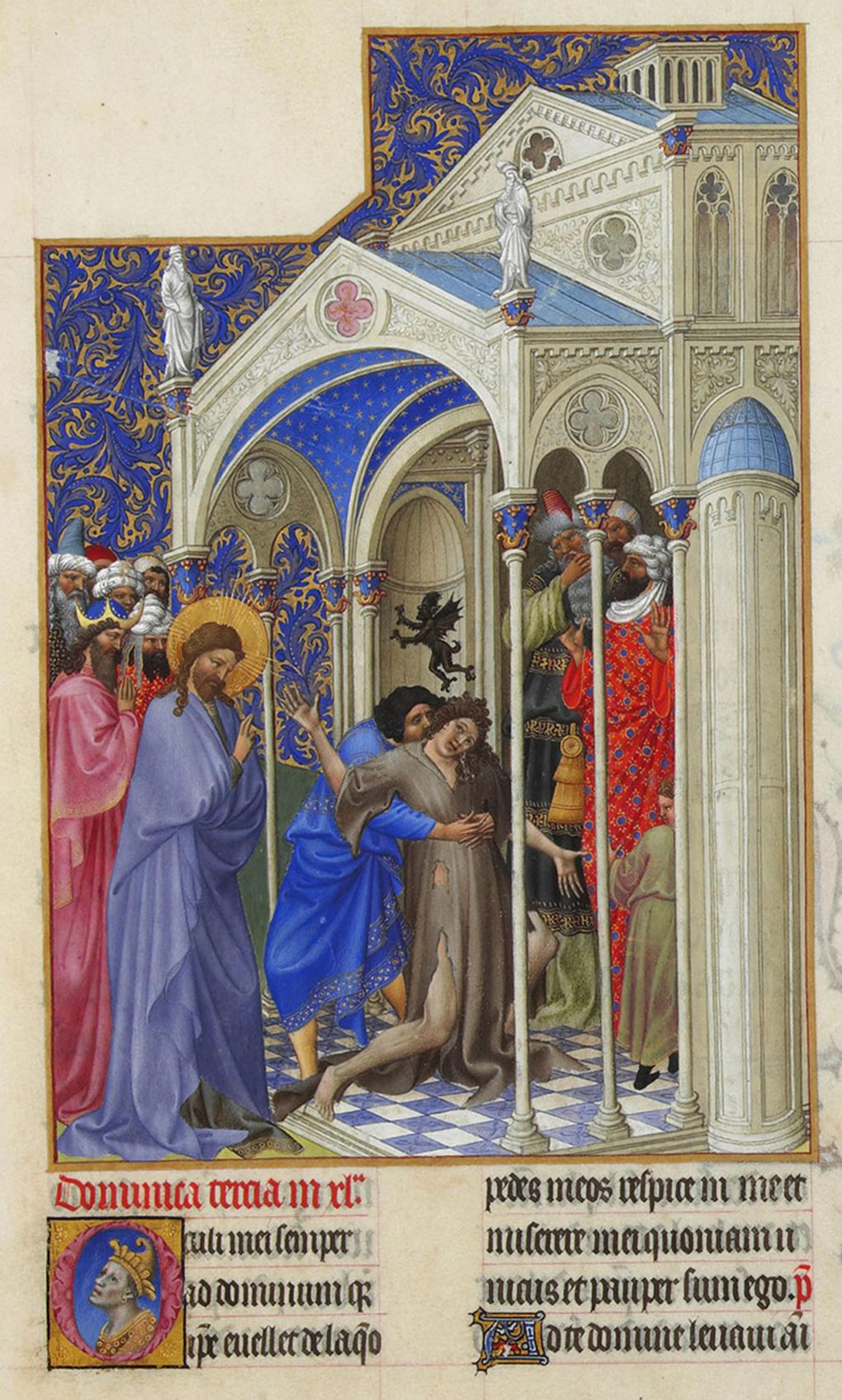 Medieval painting of a robed and haloed figure performing an exorcism in a gothic structure with ornate blue and gold details.