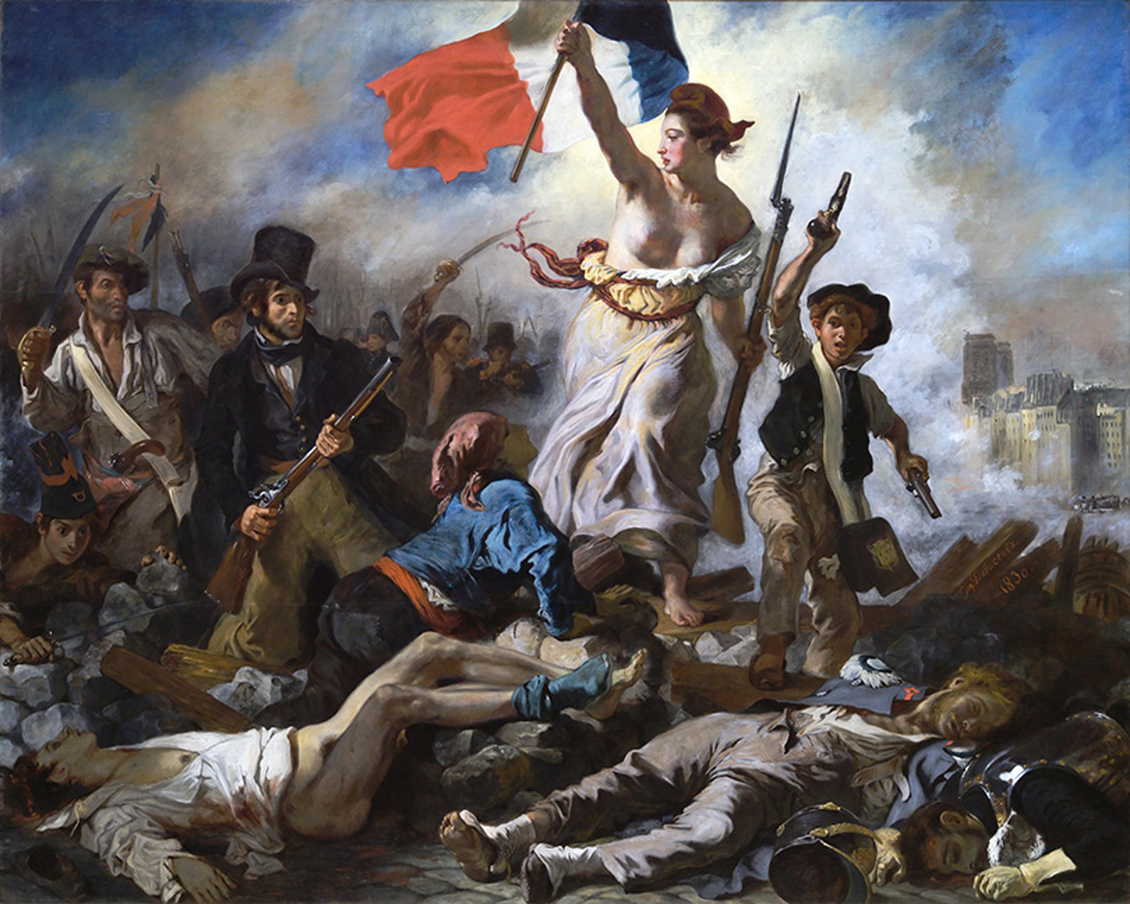 Painting of a woman holding a tricolour flag leading fighters over barricades, symbolising liberty and revolution.